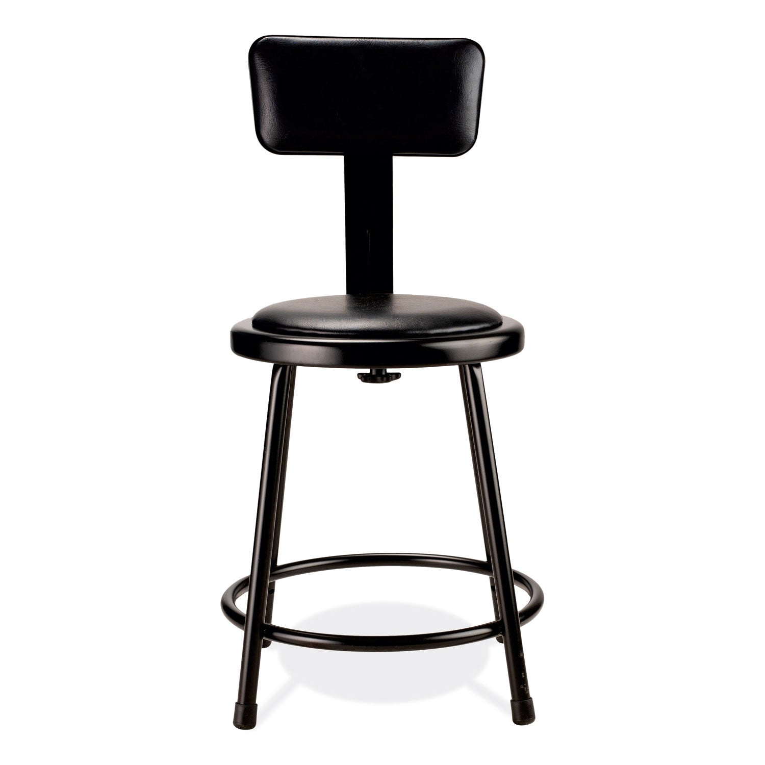 NPS® 6400 Series Heavy Duty Vinyl Padded Stool with Backrest, Supports 300 lb, 18" Seat Height, Black Seat, Black Back, Black Base