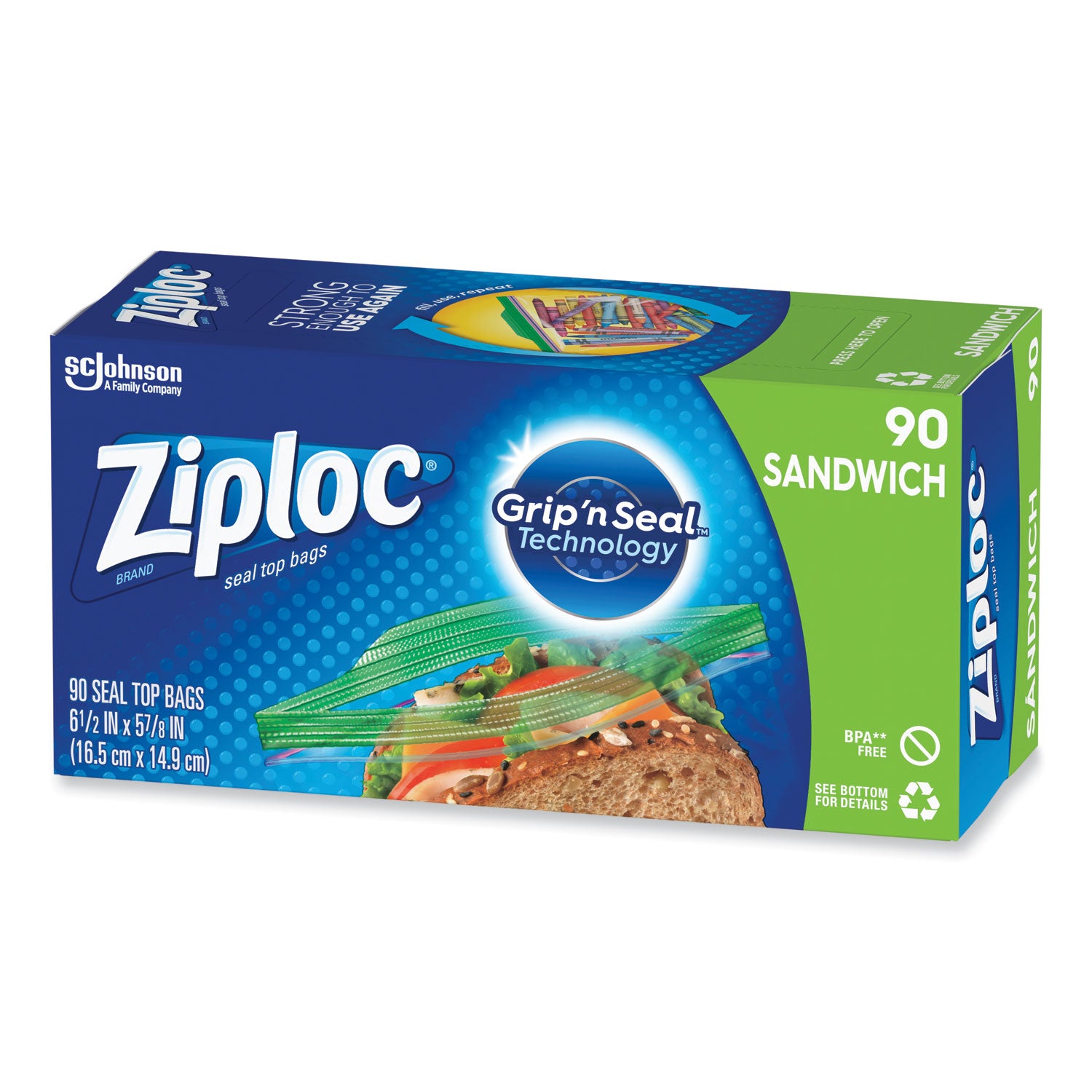 Ziploc® Resealable Sandwich Bags, 6.5" x 5.88", Clear, 90 Bags/Box, 12 Boxes/Carton