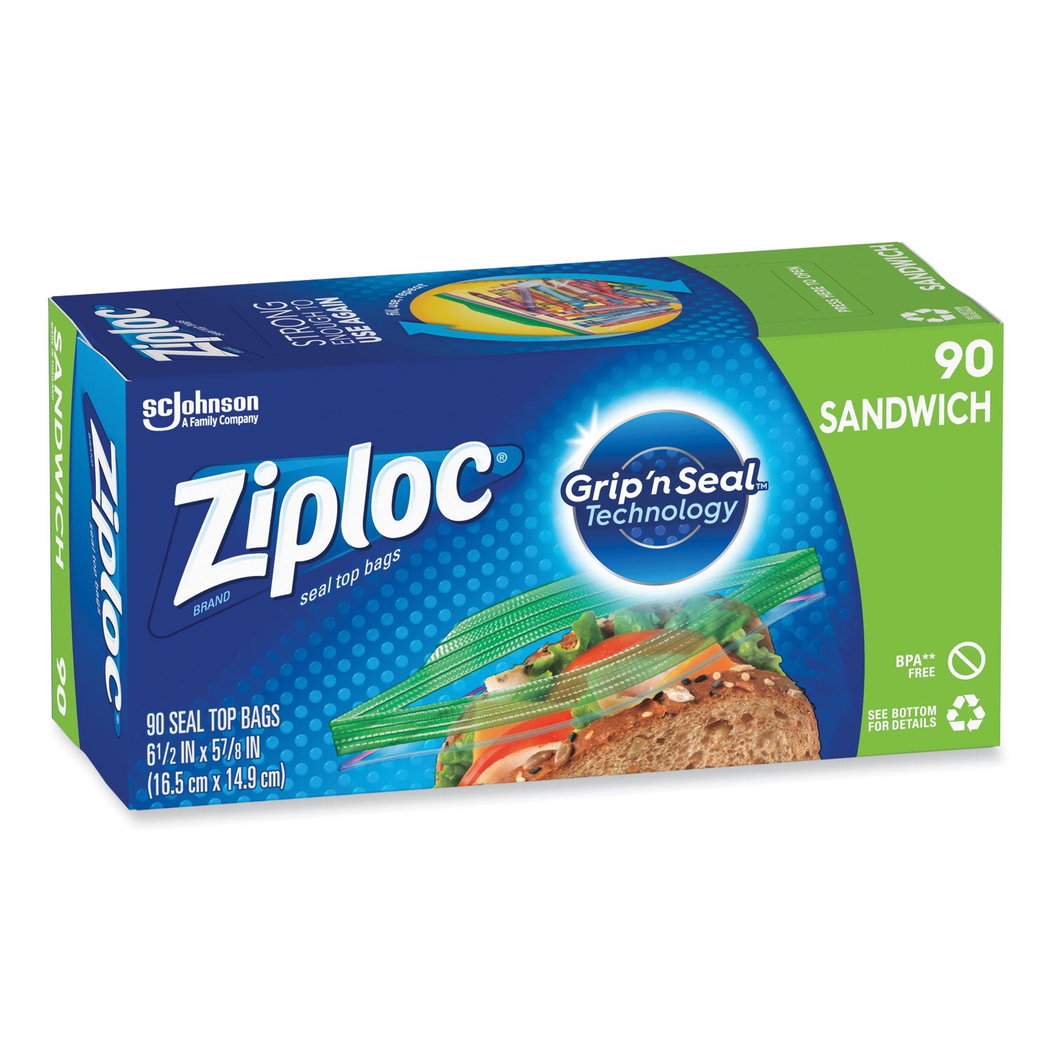 Ziploc® Resealable Sandwich Bags, 6.5" x 5.88", Clear, 90 Bags/Box, 12 Boxes/Carton