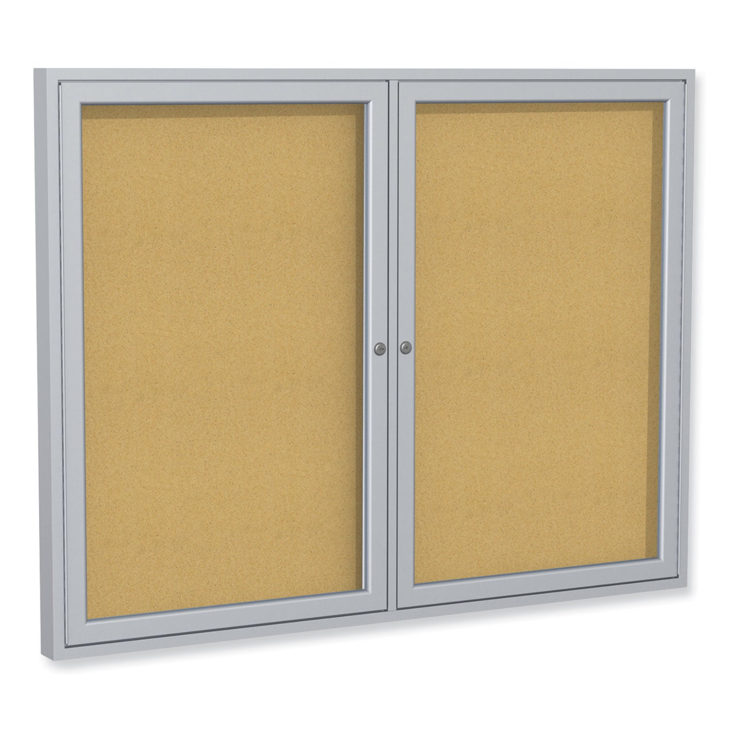 2 Door Enclosed Natural Cork Bulletin Board with Satin Aluminum Frame, 72 x 36, Tan Surface