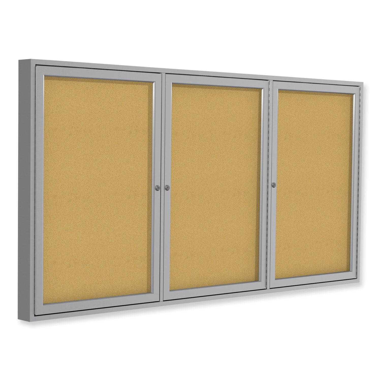 3 Door Enclosed Natural Cork Bulletin Board with Satin Aluminum Frame, 96 x 48, Tan Surface