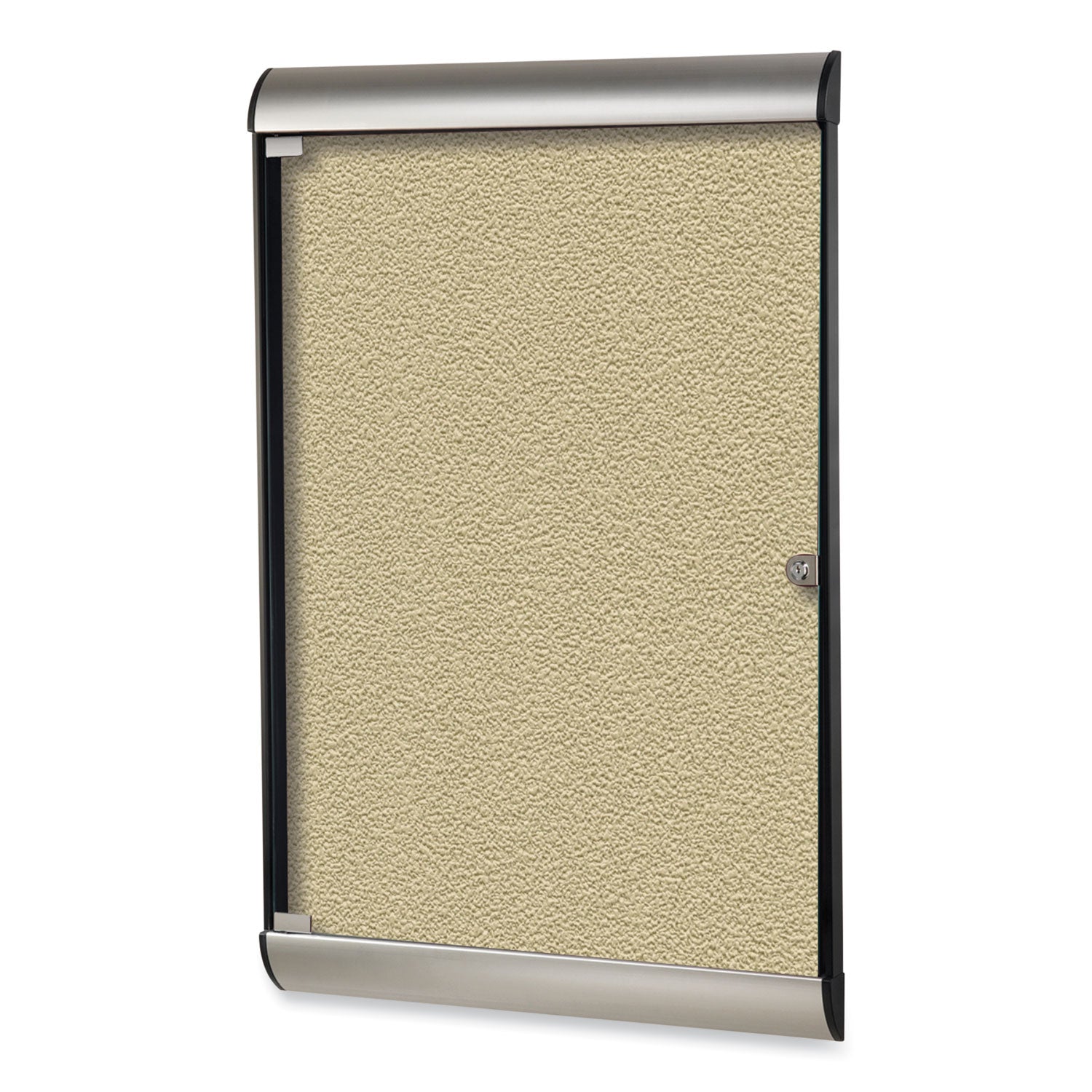 Silhouette 1 Door Enclosed Caramel Vinyl Bulletin Board with Satin/Black Frame, 27.75 x 42.13