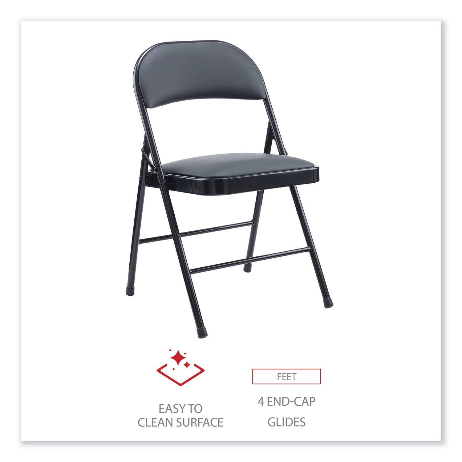 Alera® Alera PU Padded Folding Chair, Supports Up to 250 lb, Black Seat, Black Back, Black Base, 4/Carton