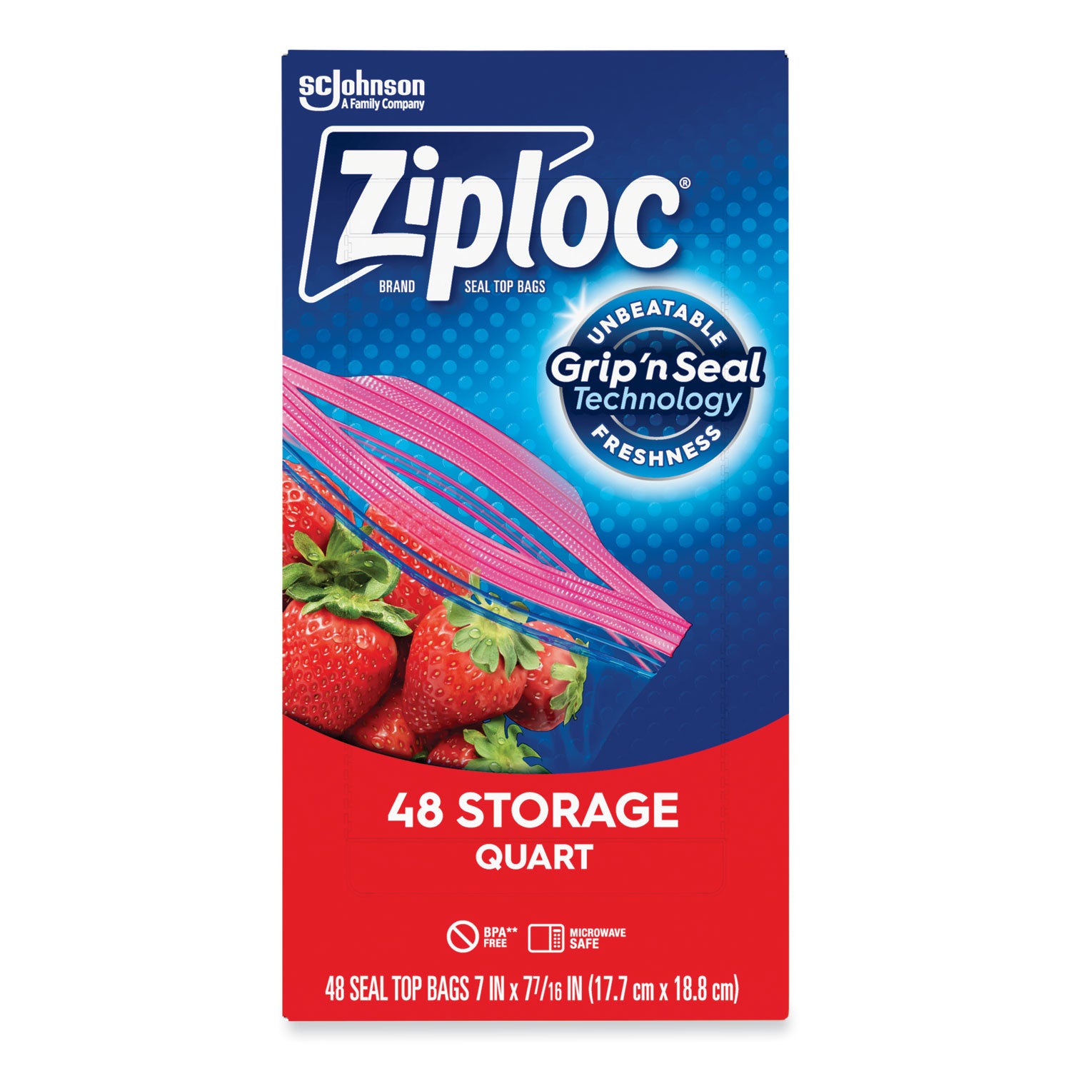 Ziploc® Double Zipper Storage Bags, Triple System Seal, Quart, 9.63" x 8.5", Clear, 48/Box