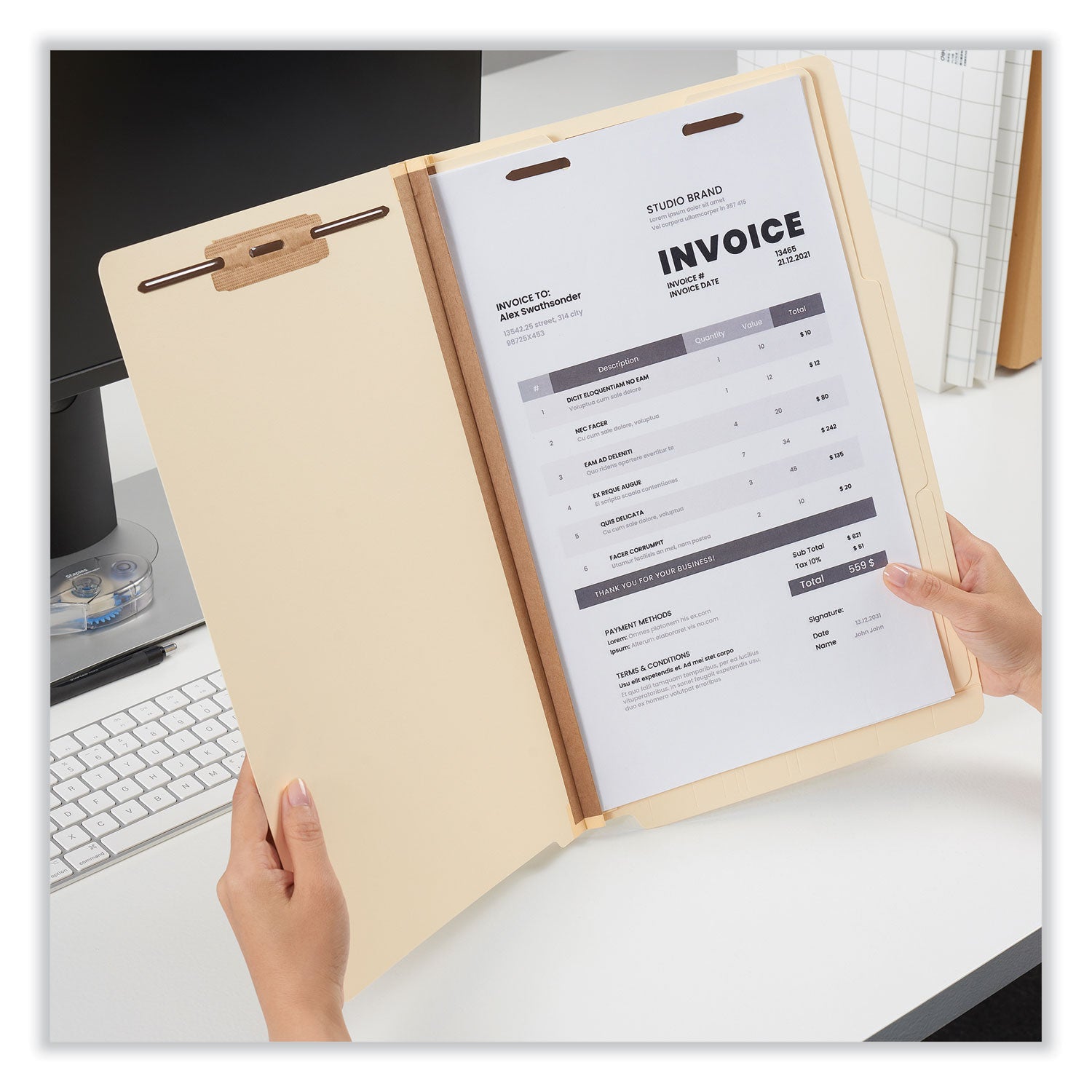 Universal® Six-Section Manila End Tab Classification Folders, 2" Expansion, 2 Dividers, 6 Fasteners, Legal Size, Manila Exterior, 10/Box