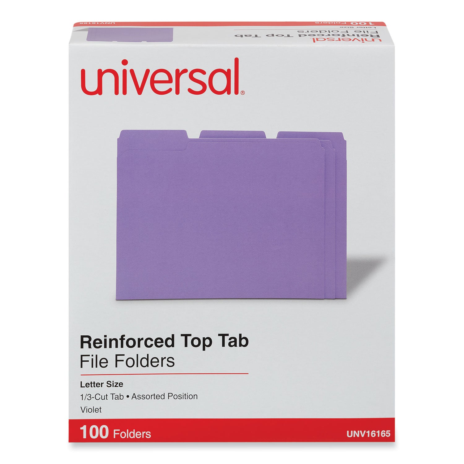 Universal® Reinforced Top-Tab File Folders, 1/3-Cut Tabs: Assorted, Letter Size, 1" Expansion, Violet, 100/Box