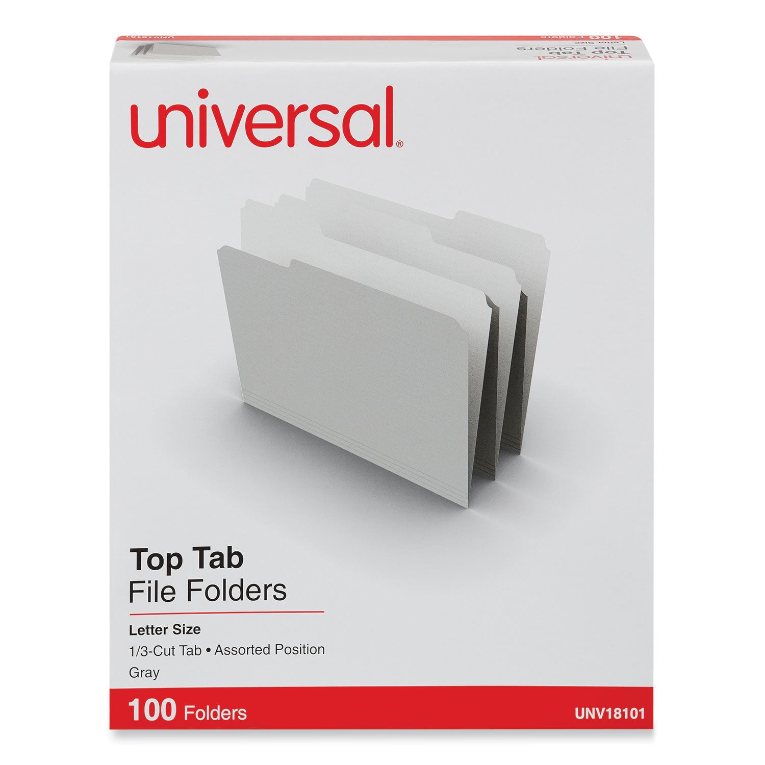 Universal® Top Tab File Folders, 1/3-Cut Tabs: Assorted, Letter Size, 0.75" Expansion, Gray, 100/Box