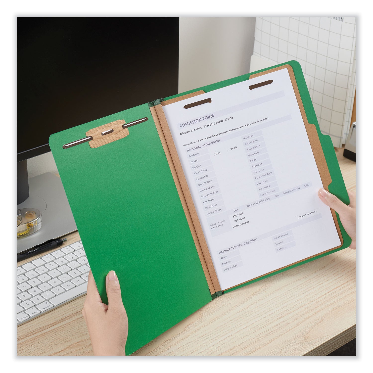 Universal® Bright Colored Pressboard Classification Folders, 2" Expansion, 1 Divider, 4 Fasteners, Letter Size, Emerald Green, 10/Box