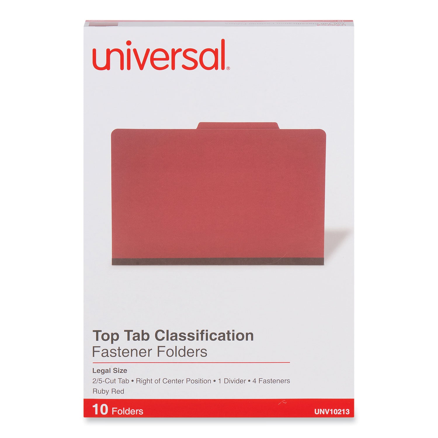 Universal® Bright Colored Pressboard Classification Folders, 2" Expansion, 1 Divider, 4 Fasteners, Legal Size, Ruby Red Exterior, 10/Box