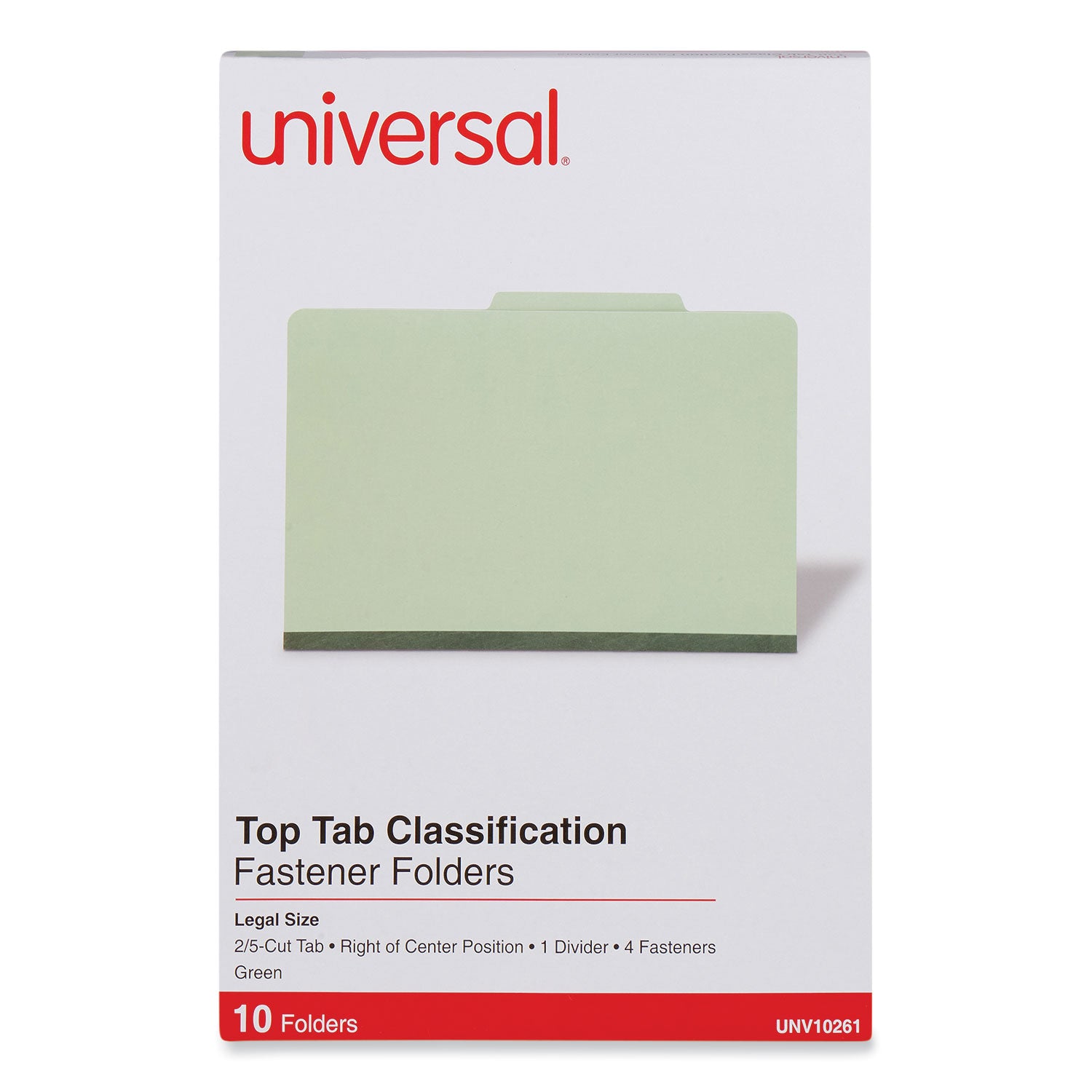 Universal® Four-Section Pressboard Classification Folders, 2" Expansion, 1 Divider, 4 Fasteners, Legal Size, Green Exterior, 10/Box