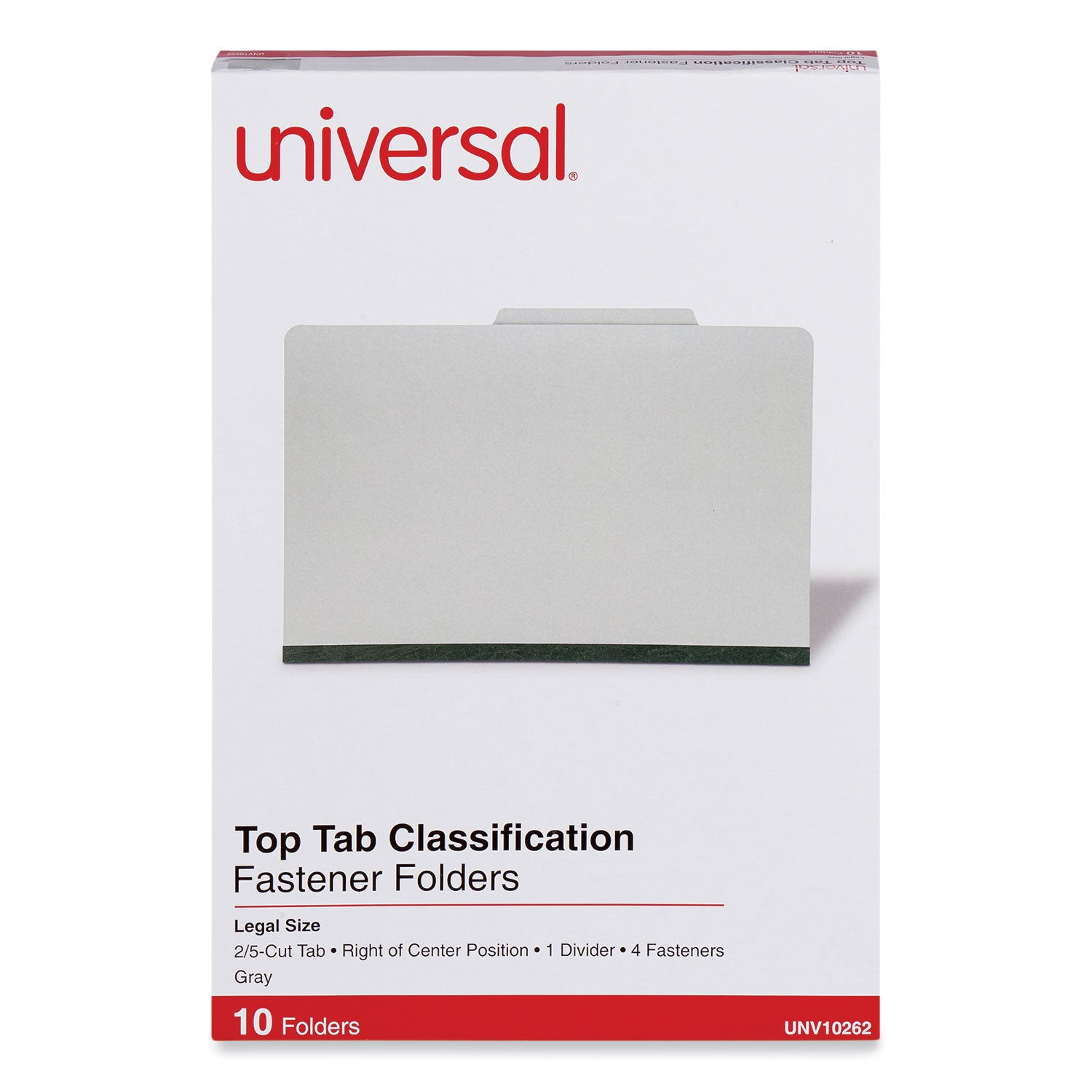 Universal® Four-Section Pressboard Classification Folders, 2" Expansion, 1 Divider, 4 Fasteners, Legal Size, Gray Exterior, 10/Box