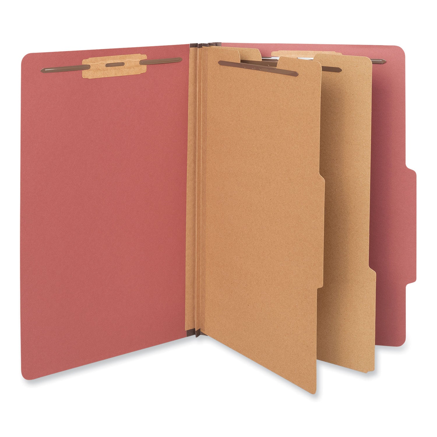 Universal® Six-Section Pressboard Classification Folders, 2" Expansion, 2 Dividers, 6 Fasteners, Legal Size, Red Exterior, 10/Box