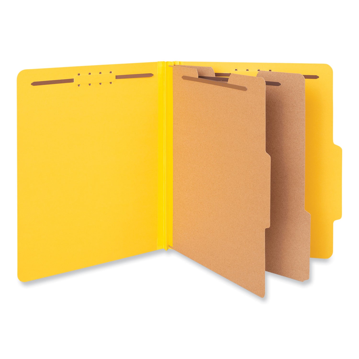 Universal® Bright Colored Pressboard Classification Folders, 2" Expansion, 2 Dividers, 6 Fasteners, Letter Size, Yellow Exterior, 10/Box