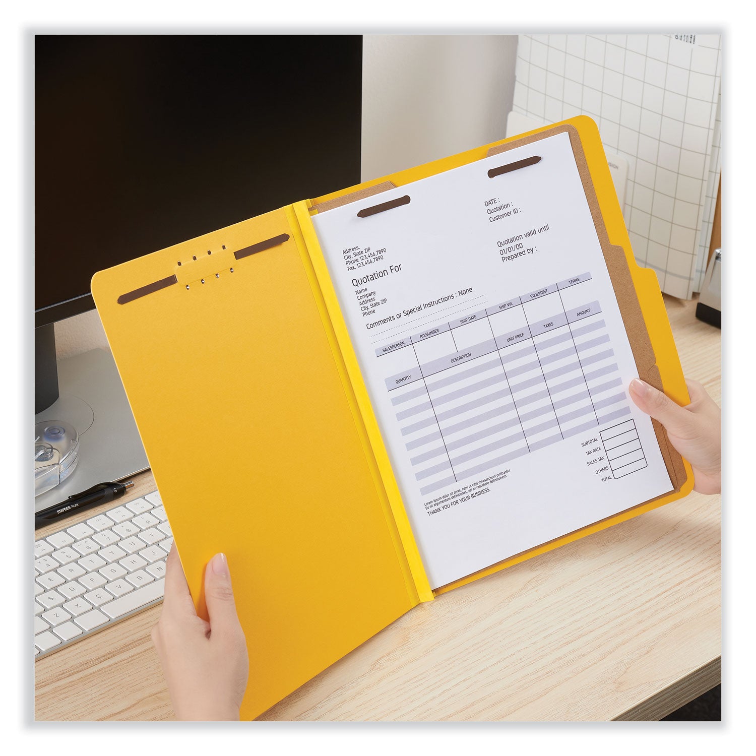 Universal® Bright Colored Pressboard Classification Folders, 2" Expansion, 2 Dividers, 6 Fasteners, Letter Size, Yellow Exterior, 10/Box