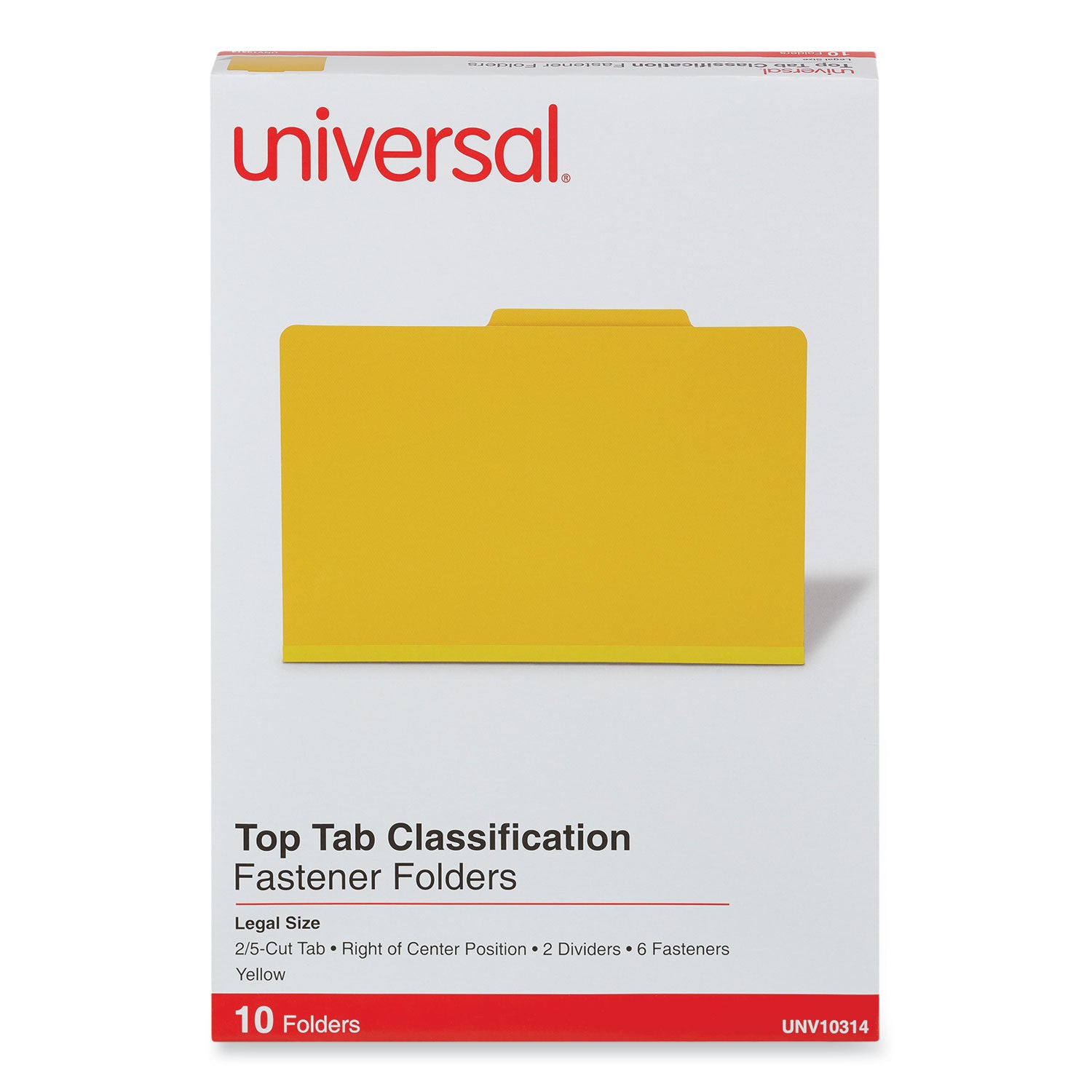 Universal® Bright Colored Pressboard Classification Folders, 2" Expansion, 2 Dividers, 6 Fasteners, Legal Size, Yellow Exterior, 10/Box