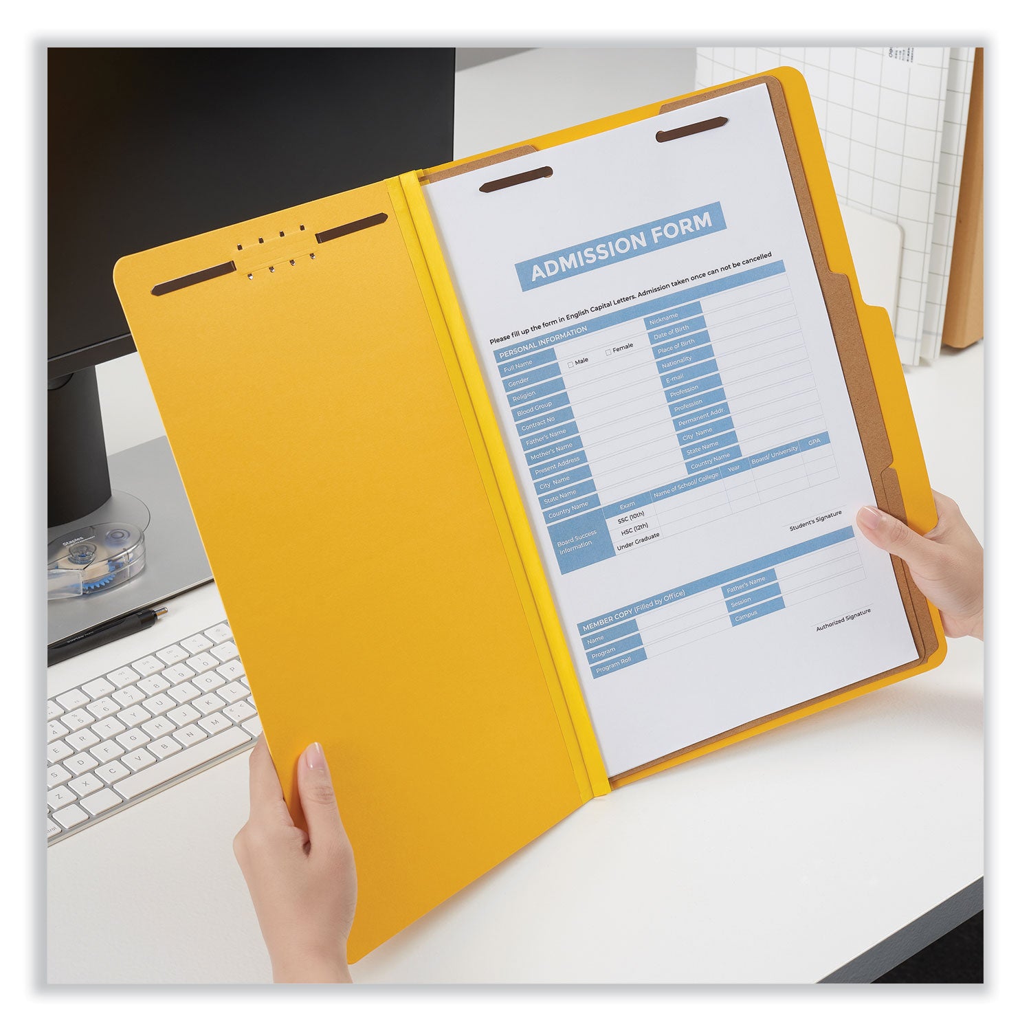 Universal® Bright Colored Pressboard Classification Folders, 2" Expansion, 2 Dividers, 6 Fasteners, Legal Size, Yellow Exterior, 10/Box