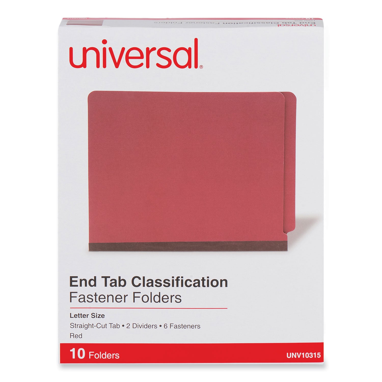 Red Pressboard End Tab Classification Folders, 2" Expansion, 2 Dividers, 6 Fasteners, Letter Size, Red Exterior, 10/Box