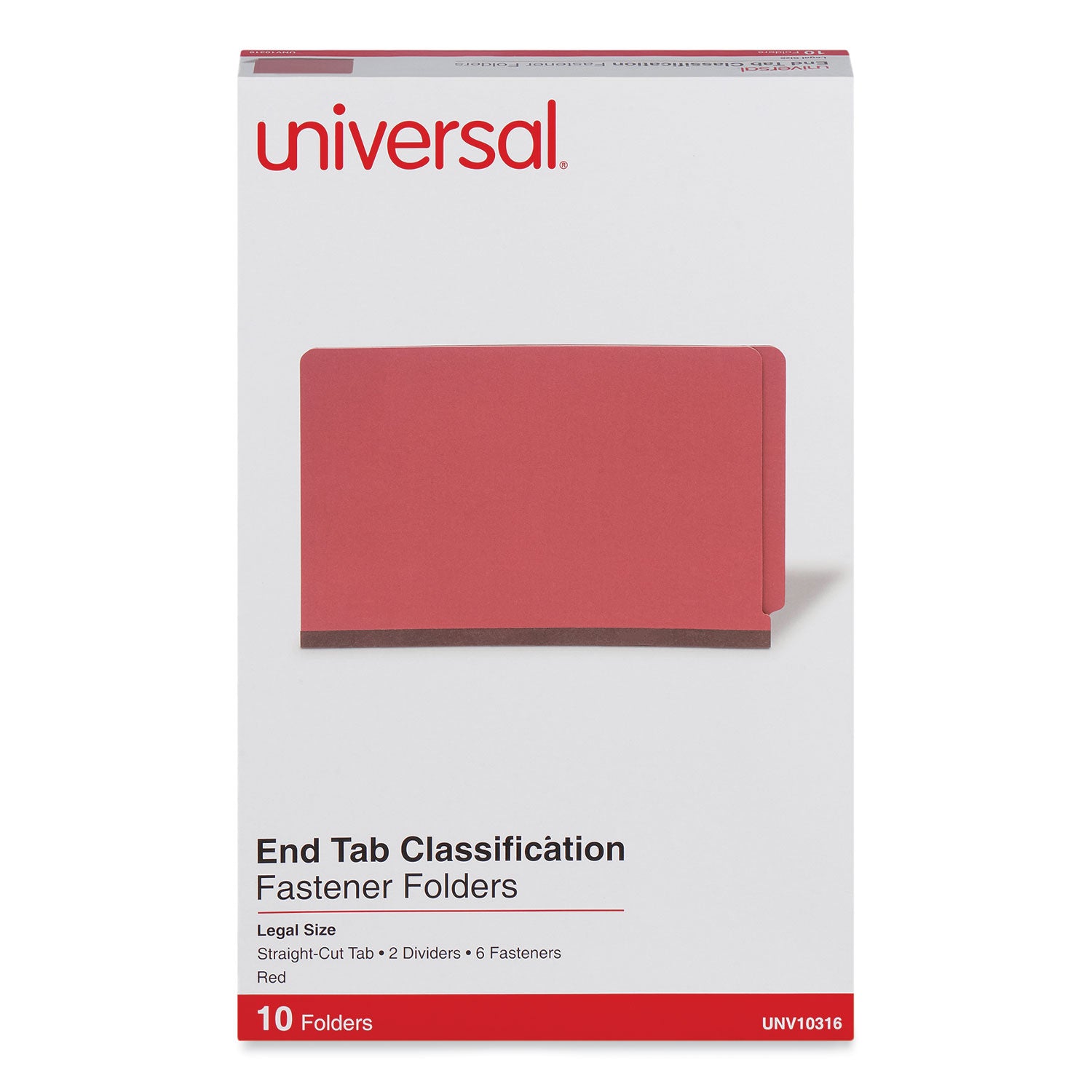 Universal® Red Pressboard End Tab Classification Folders, 2" Expansion, 2 Dividers, 6 Fasteners, Legal Size, Red Exterior, 10/Box