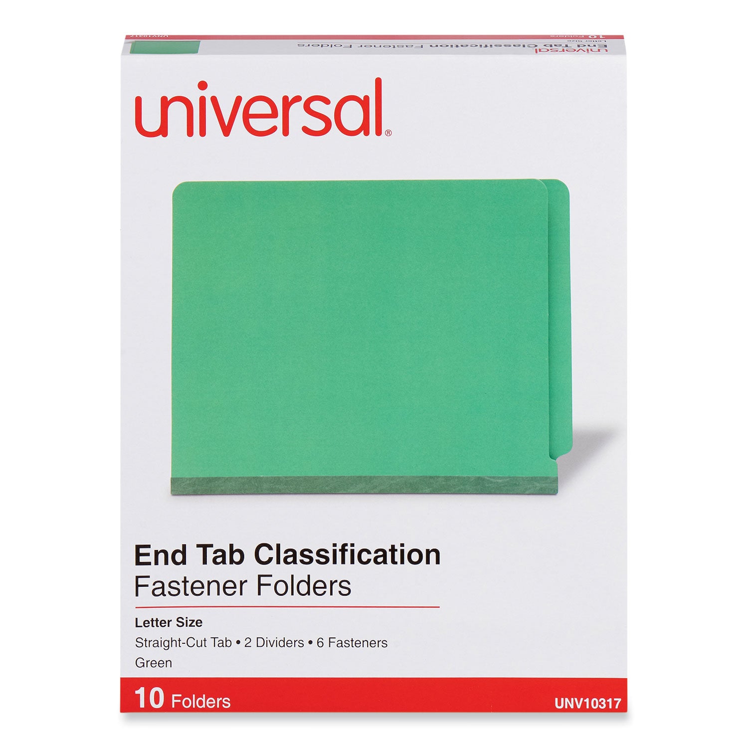 Universal® Deluxe Six-Section Pressboard End Tab Classification Folders, 2 Dividers, 6 Fasteners, Letter Size, Green, 10/Box