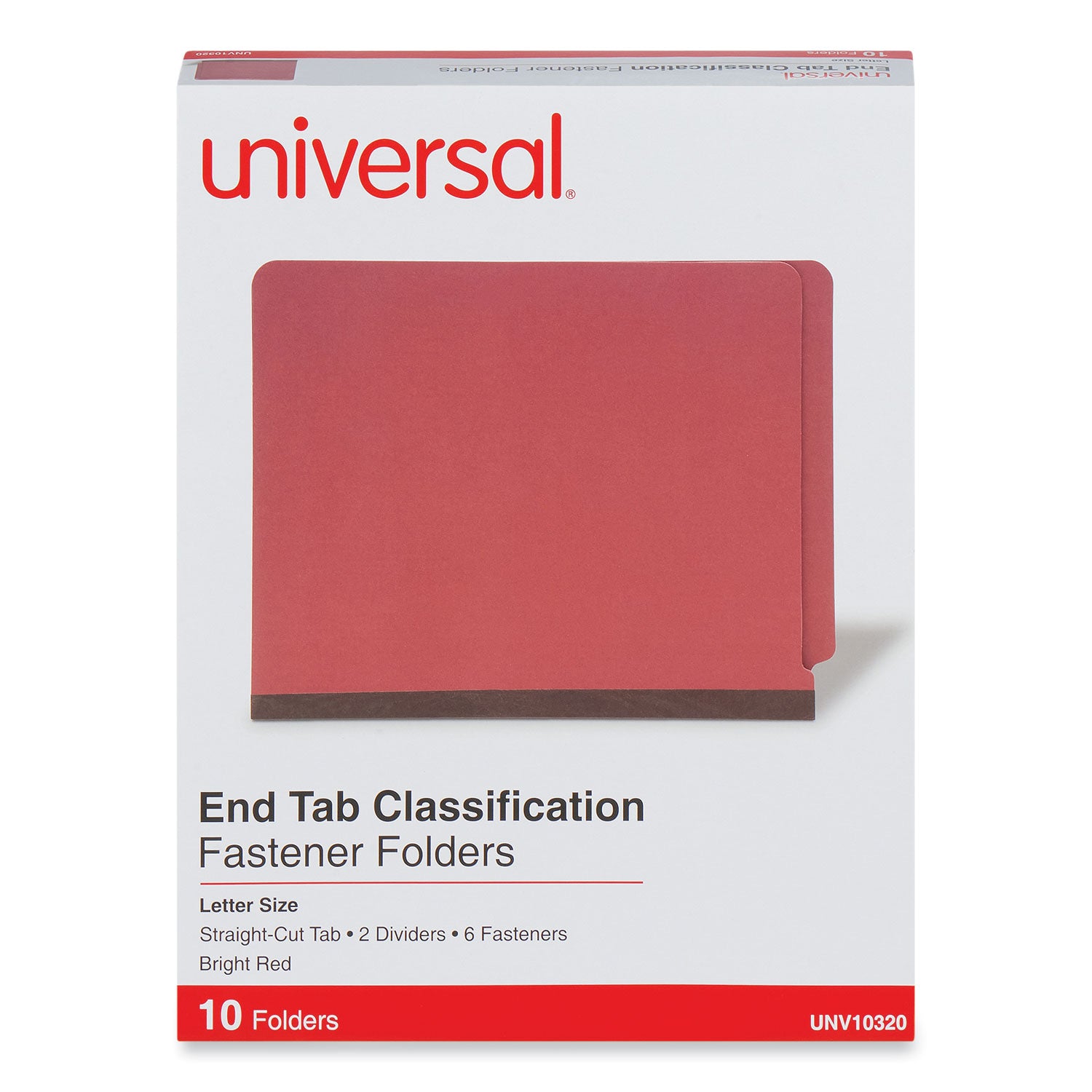 Universal® Deluxe Six-Section Pressboard End Tab Classification Folders, 2 Dividers, 6 Fasteners, Letter Size, Bright Red, 10/Box