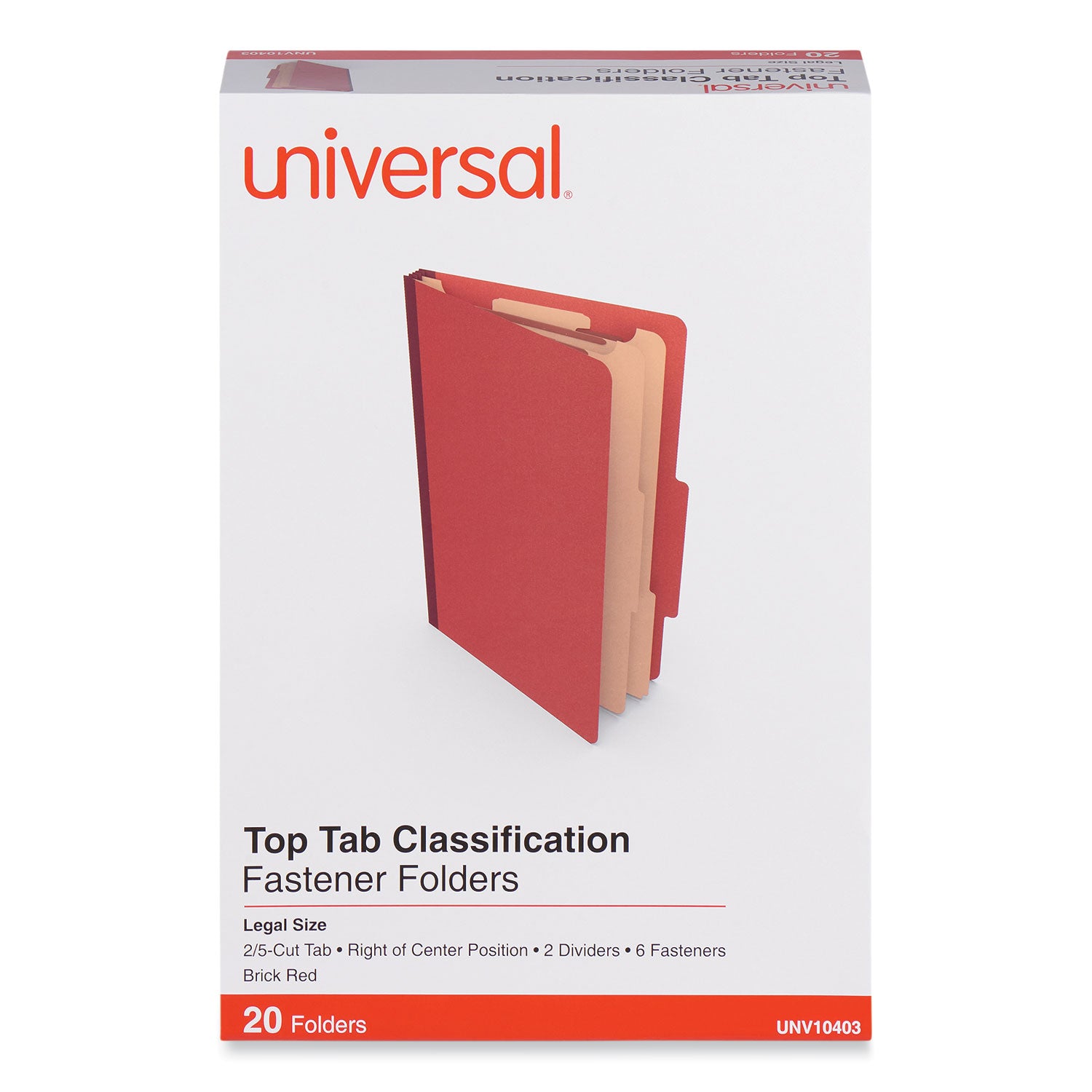 Universal® Six-Section Classification Folders, Heavy-Duty Pressboard Cover, 2 Dividers, 6 Fasteners, Legal Size, Brick Red, 20/Box