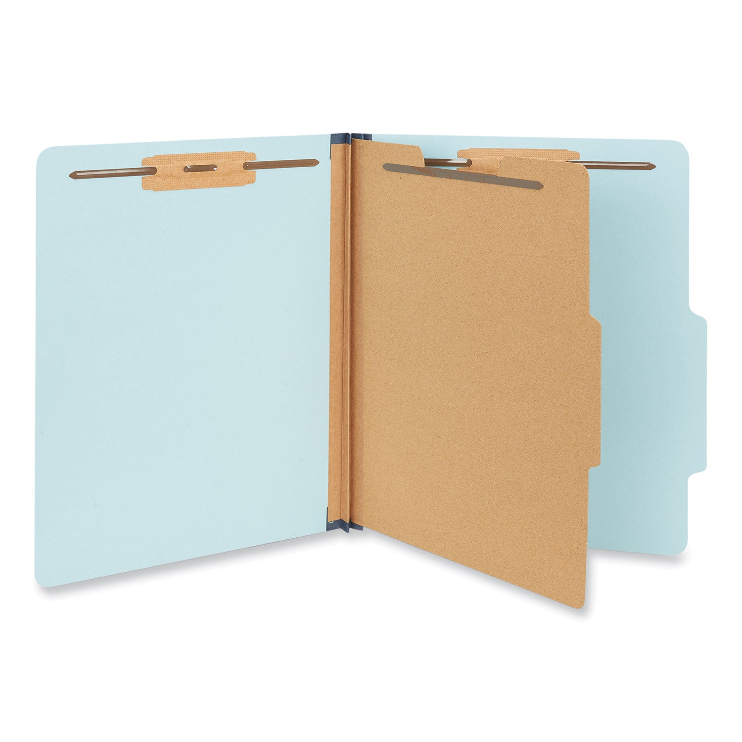 Universal® Four-Section Pressboard Classification Folders, 1.75" Expansion, 1 Divider, 4 Fasteners, Letter Size, Light Blue, 20/Box