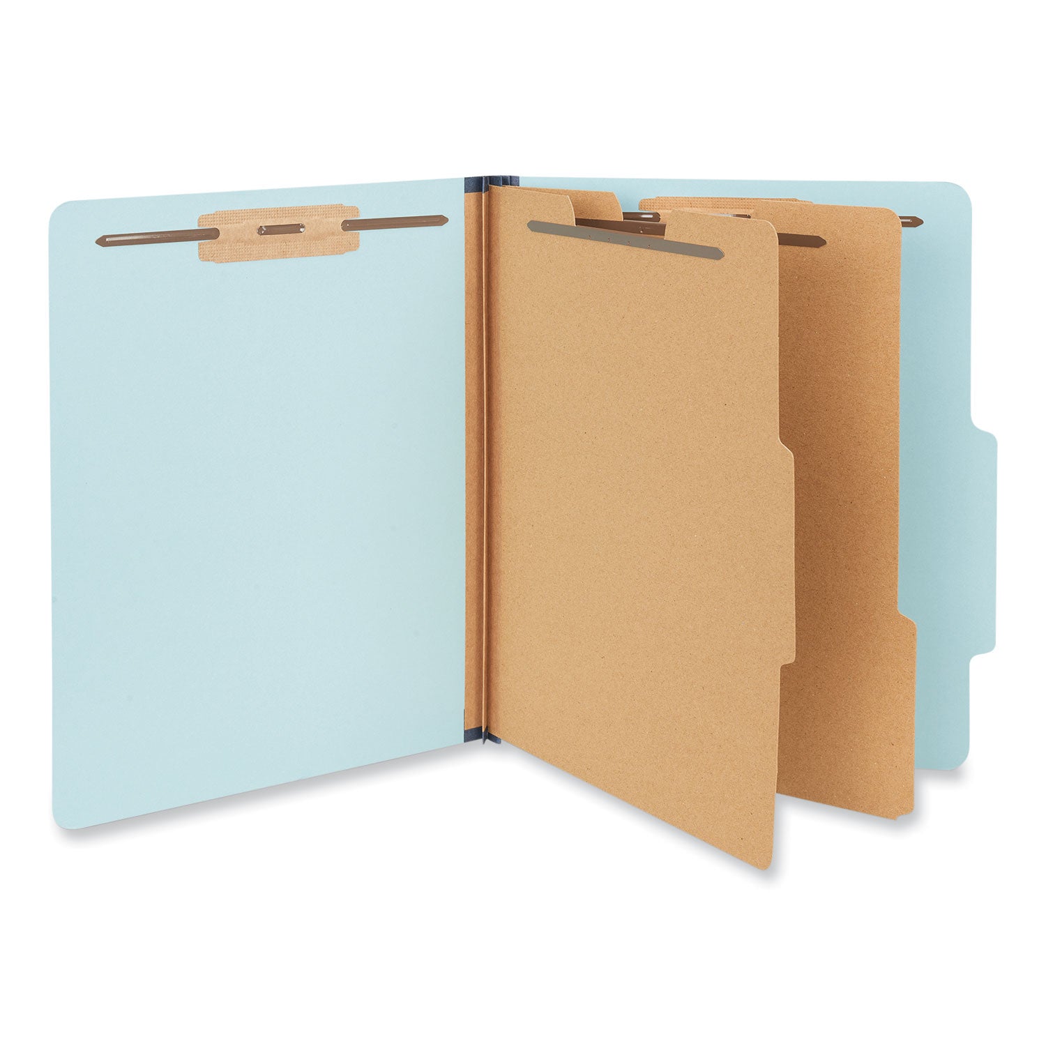 Universal® Six-Section Pressboard Classification Folders, 2.5" Expansion, 2 Dividers, 6 Fasteners, Letter Size, Light Blue, 20/Box