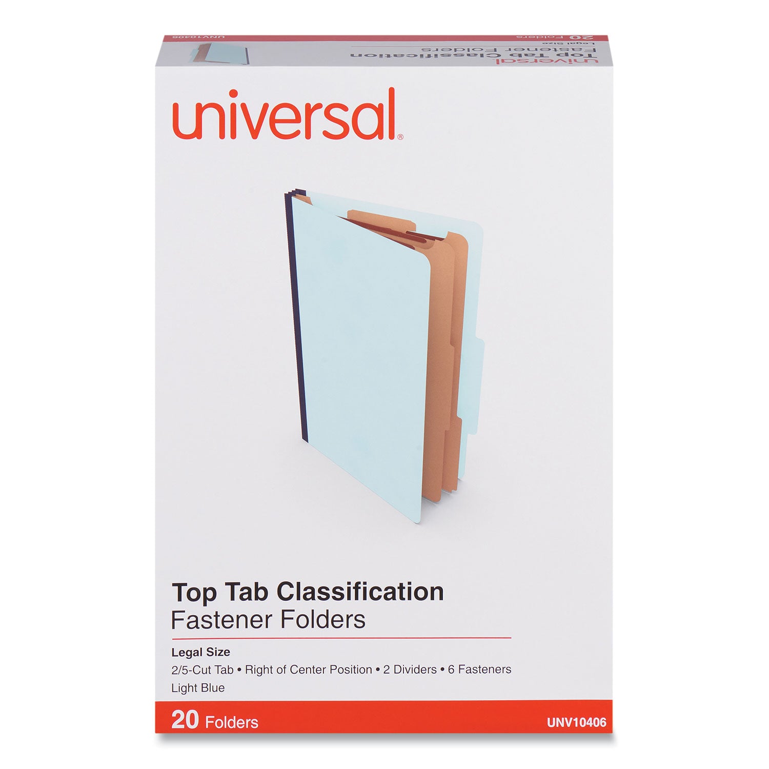 Universal® Six-Section Classification Folders, Heavy-Duty Pressboard Cover, 2 Dividers, 6 Fasteners, Legal Size, Light Blue, 20/Box