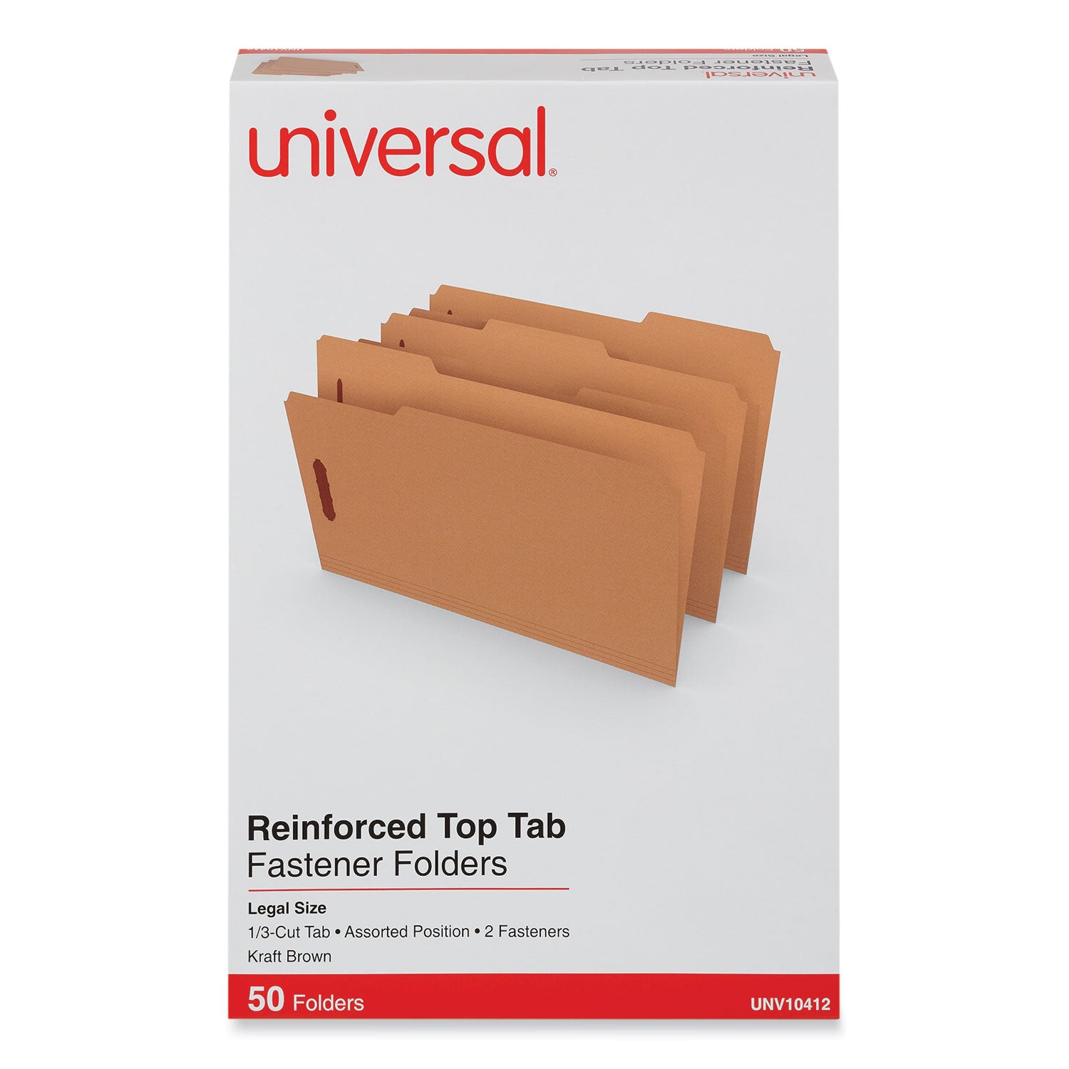 Universal® Reinforced Top Tab Fastener Folders, 0.75" Expansion, 2 Fasteners, Legal Size, Brown Kraft Exterior, 50/Box