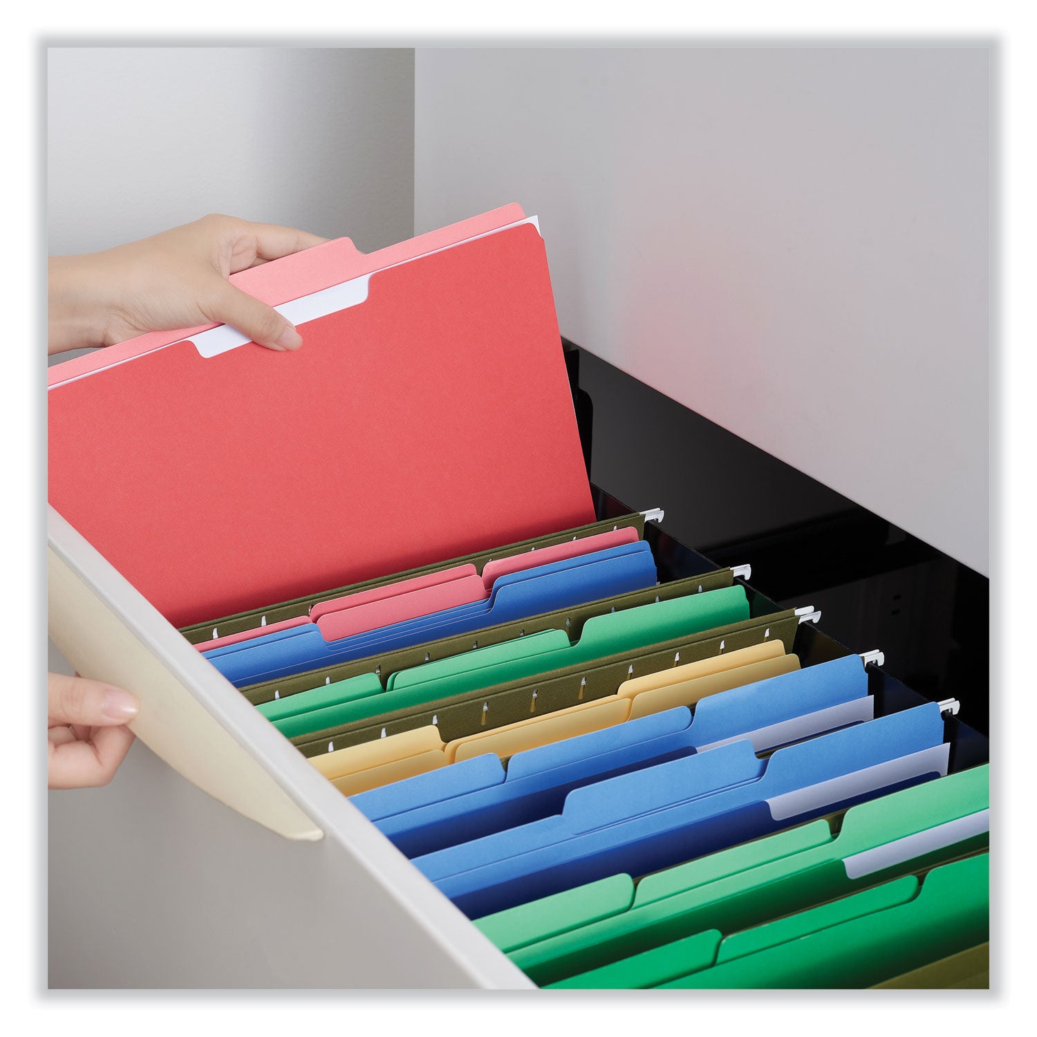 Universal® Interior File Folders, 1/3-Cut Tabs: Assorted, Letter Size, 11-pt Stock, Red, 100/Box