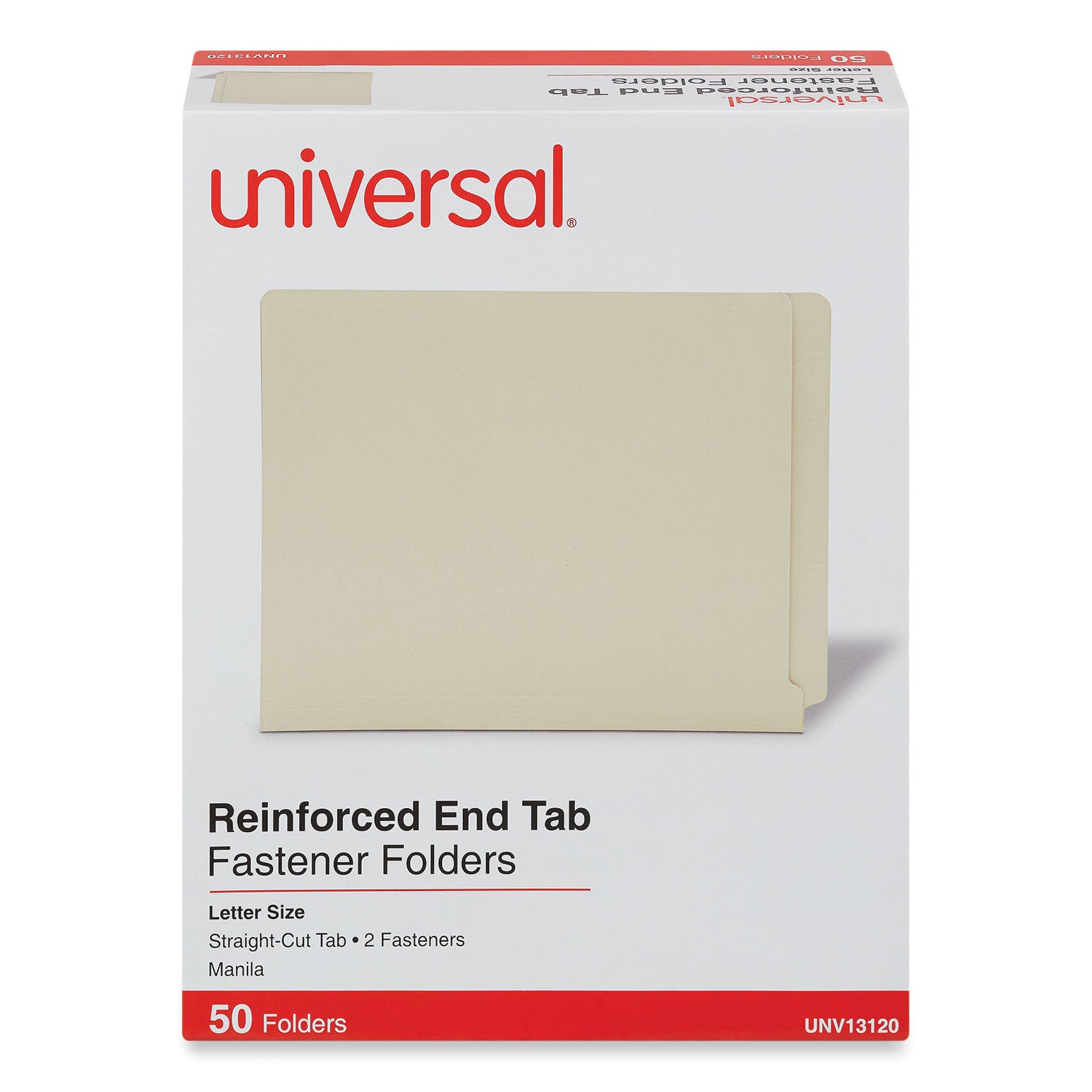 Universal® Reinforced End Tab Fastener Folders, 0.75"" Expansion, 2 Fasteners, Letter Size, Manila Exterior, 50/Box
