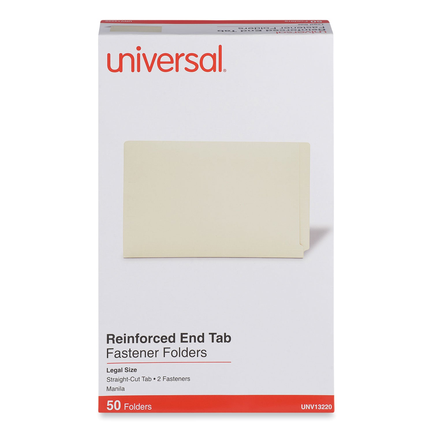 Universal® Reinforced End Tab Fastener Folders, 0.75" Expansion, 2 Fasteners, Legal Size, Manila Exterior, 50/Box