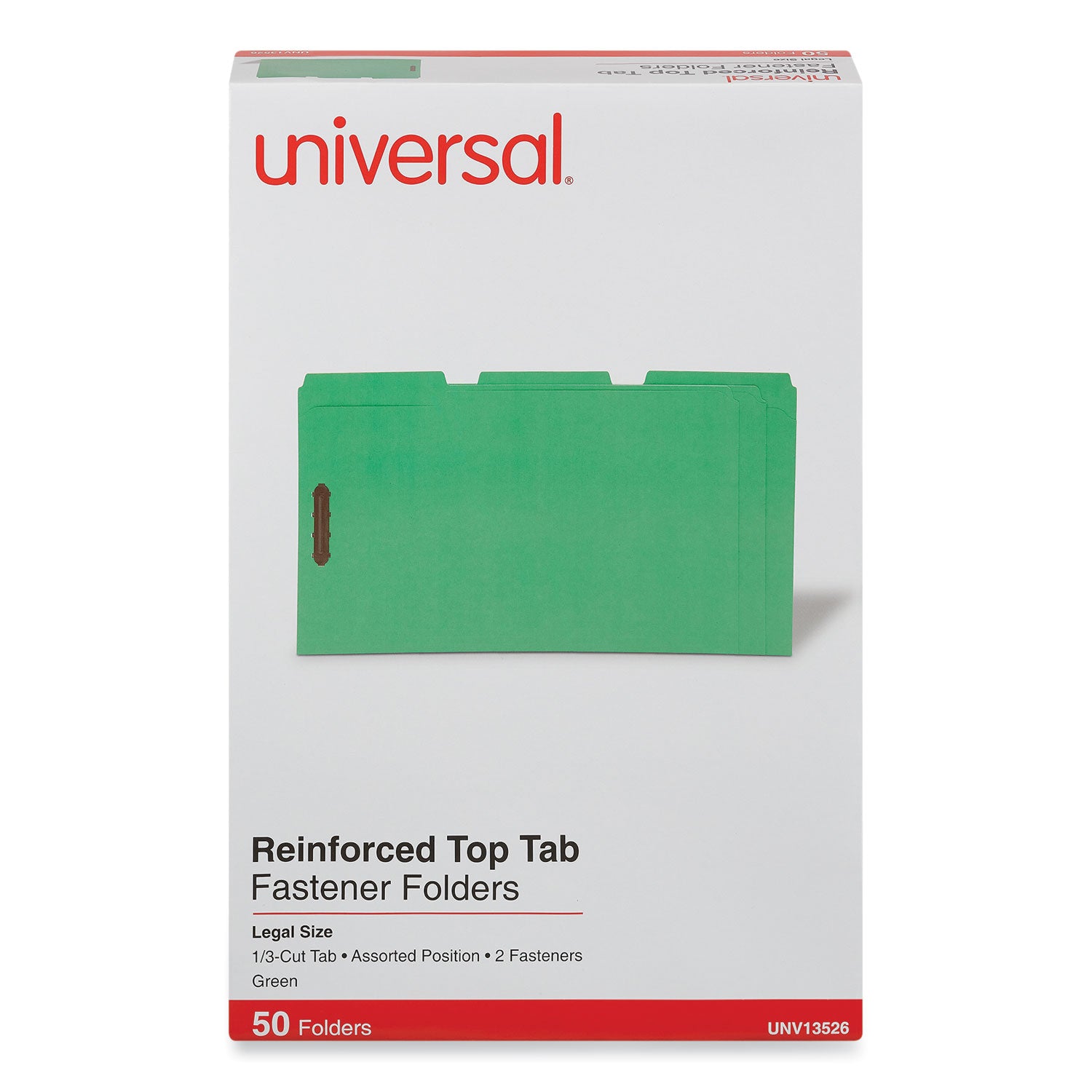 Universal® Deluxe Reinforced Top Tab Fastener Folders, 0.75" Expansion, 2 Fasteners, Legal Size, Green Exterior, 50/Box