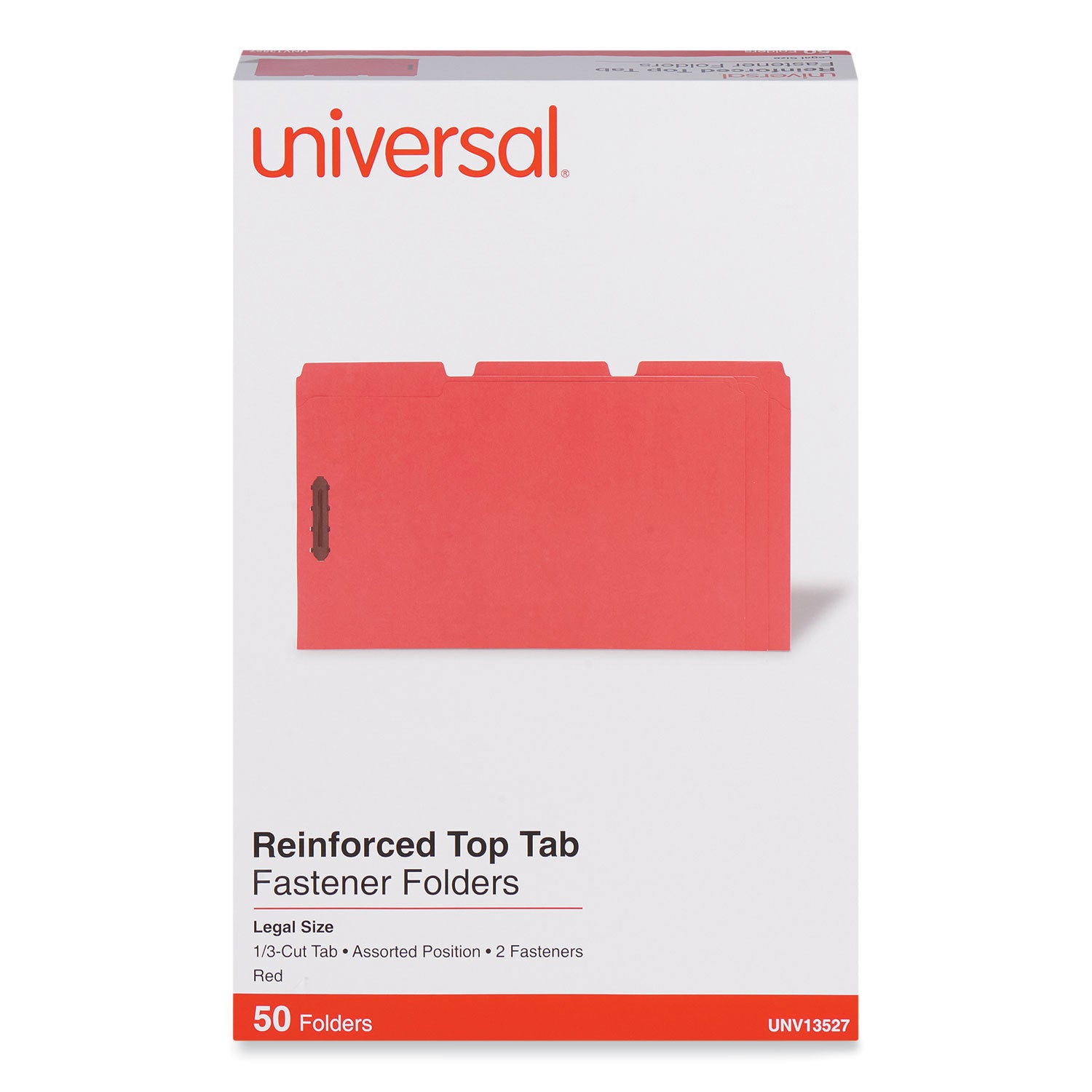 Universal® Deluxe Reinforced Top Tab Fastener Folders, 0.75" Expansion, 2 Fasteners, Legal Size, Red Exterior, 50/Box