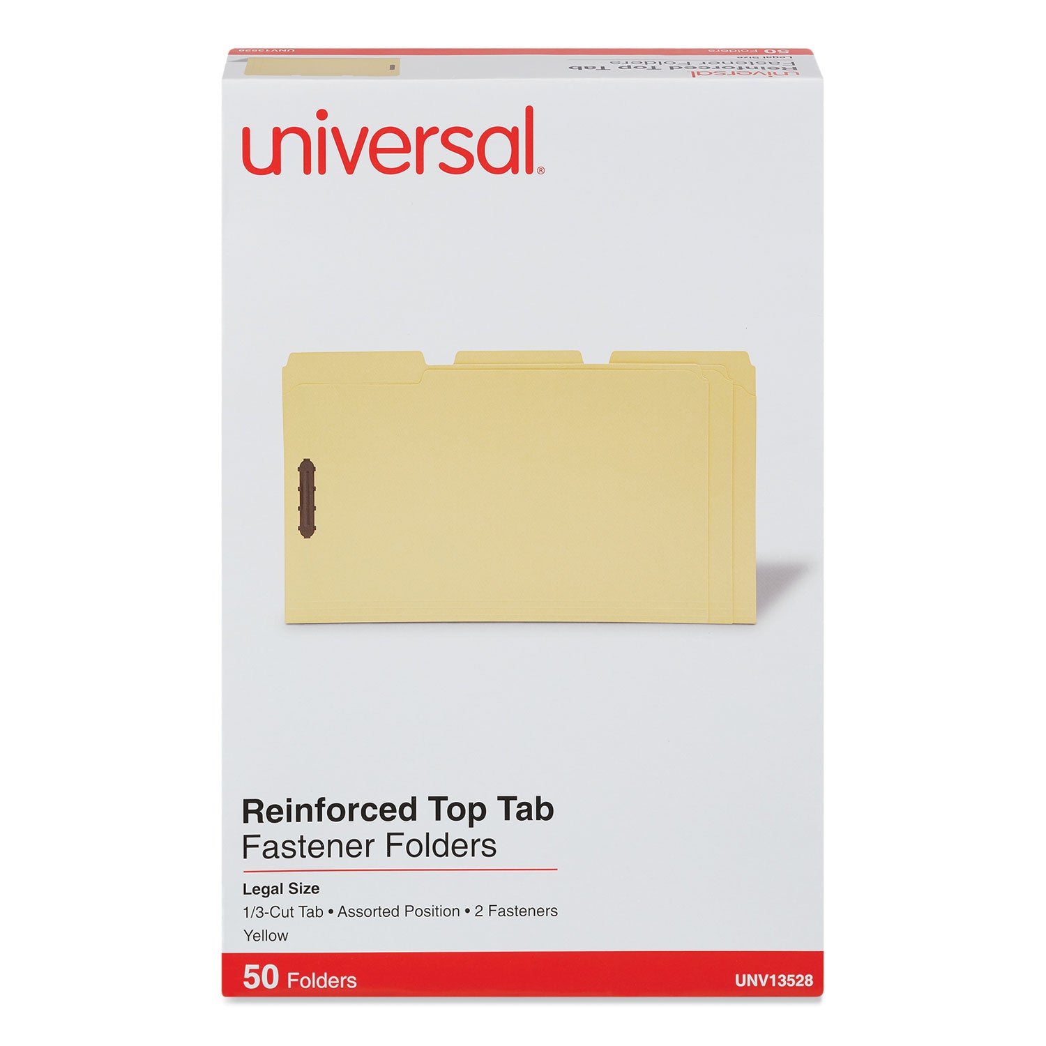 Universal® Deluxe Reinforced Top Tab Fastener Folders, 0.75" Expansion, 2 Fasteners, Legal Size, Yellow Exterior, 50/Box