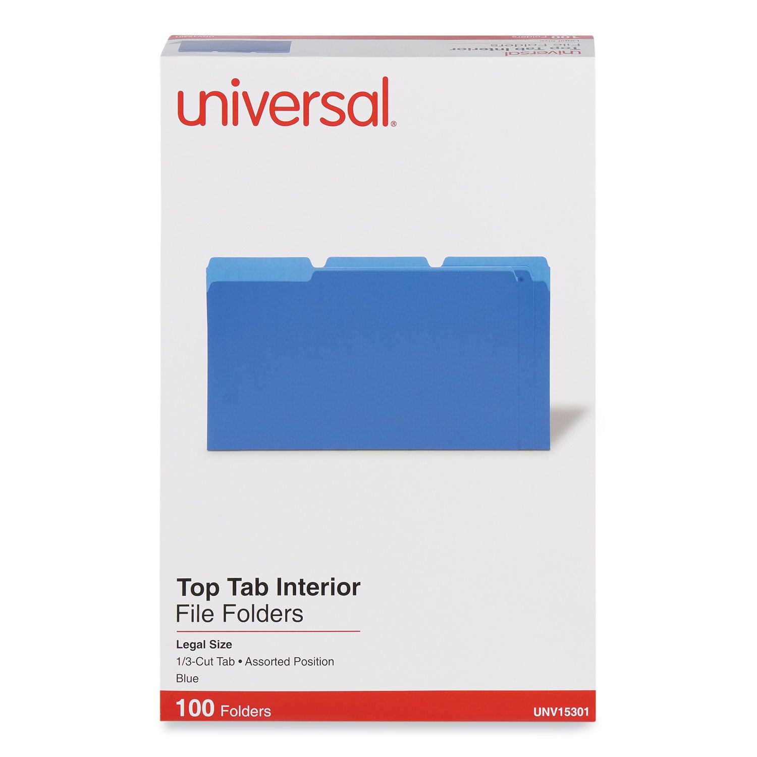 Universal® Interior File Folders, 1/3-Cut Tabs: Assorted, Legal Size, 11-pt Stock, Blue, 100/Box