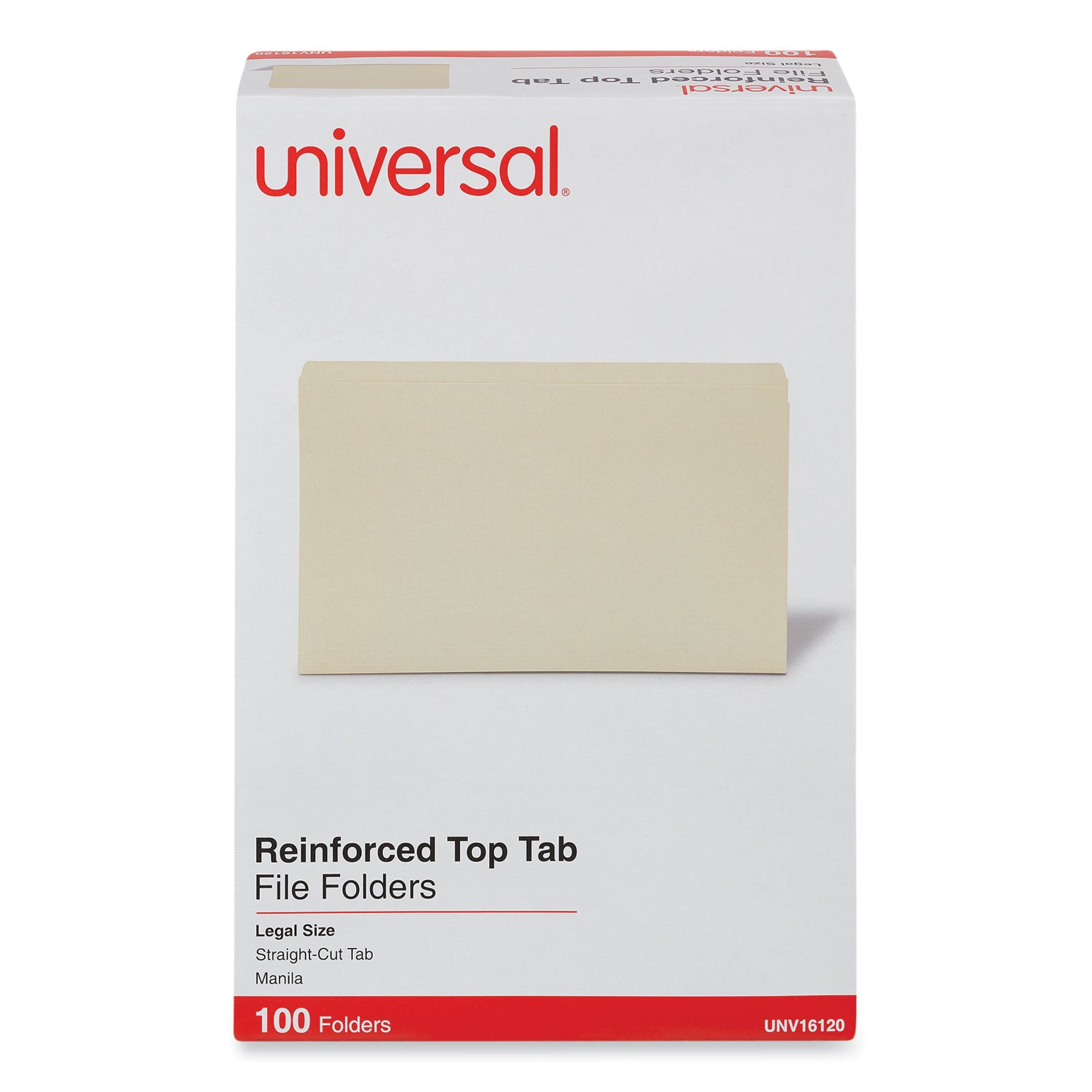 Universal® Double-Ply Top Tab Manila File Folders, Straight Tabs, Legal Size, 0.75" Expansion, Manila, 100/Box