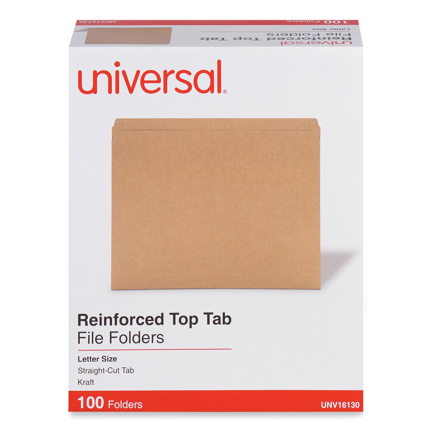 Universal® Reinforced Kraft Top Tab File Folders, Straight Tabs, Letter Size, 0.75" Expansion, Brown, 100/Box