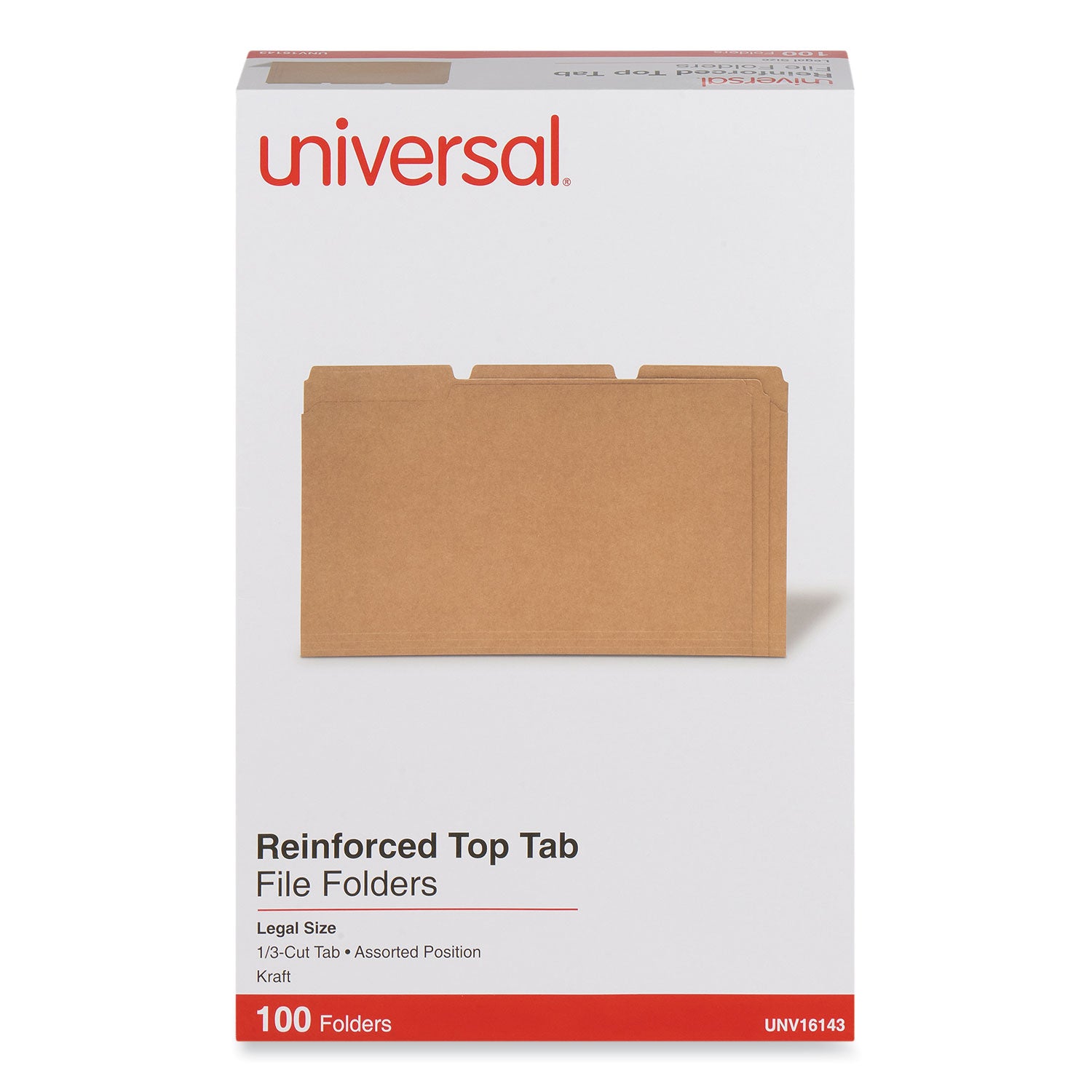 Universal® Reinforced Kraft Top Tab File Folders, 1/3-Cut Tabs: Assorted, Legal Size, 0.75" Expansion, Brown, 100/Box