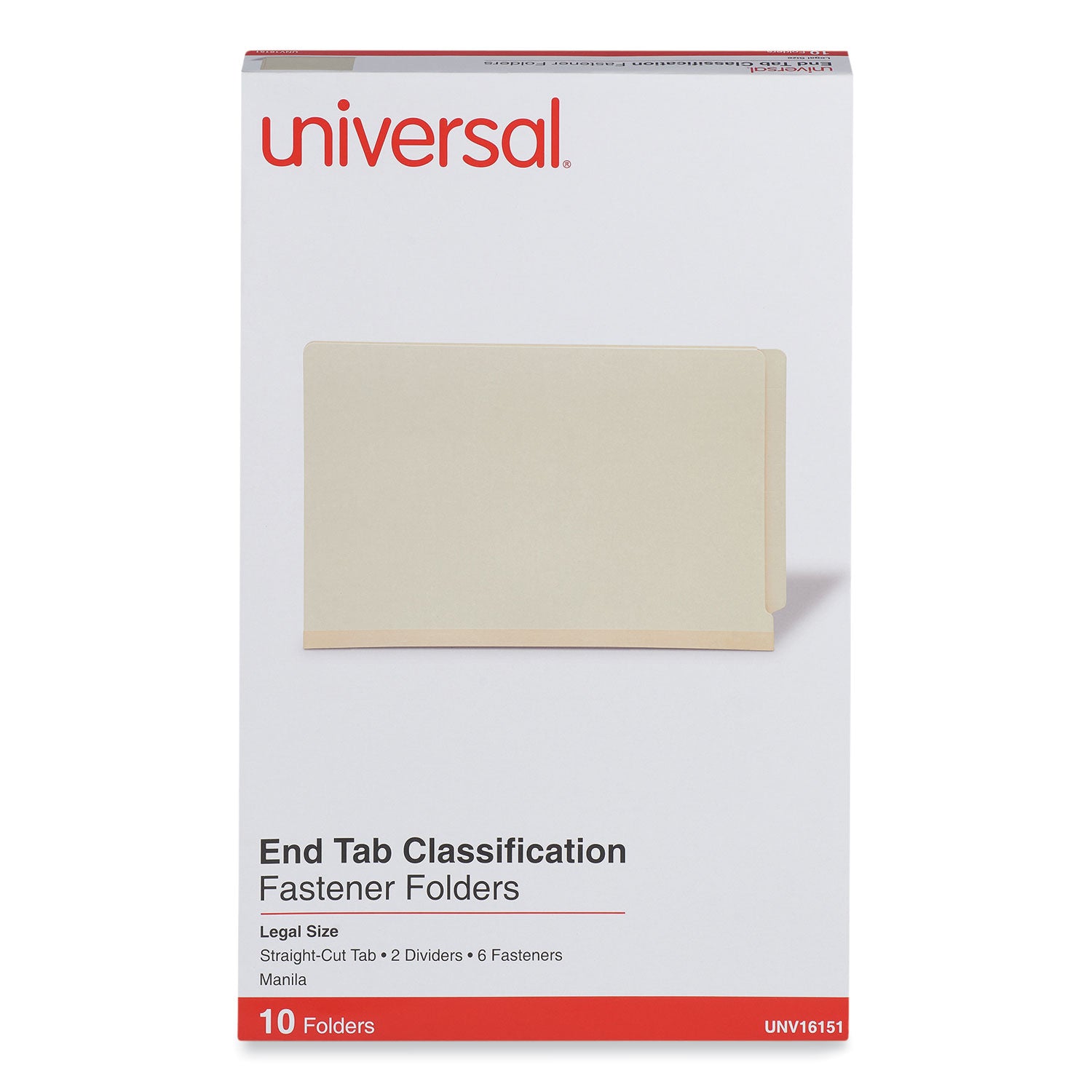 Universal® Six-Section Manila End Tab Classification Folders, 2" Expansion, 2 Dividers, 6 Fasteners, Legal Size, Manila Exterior, 10/Box