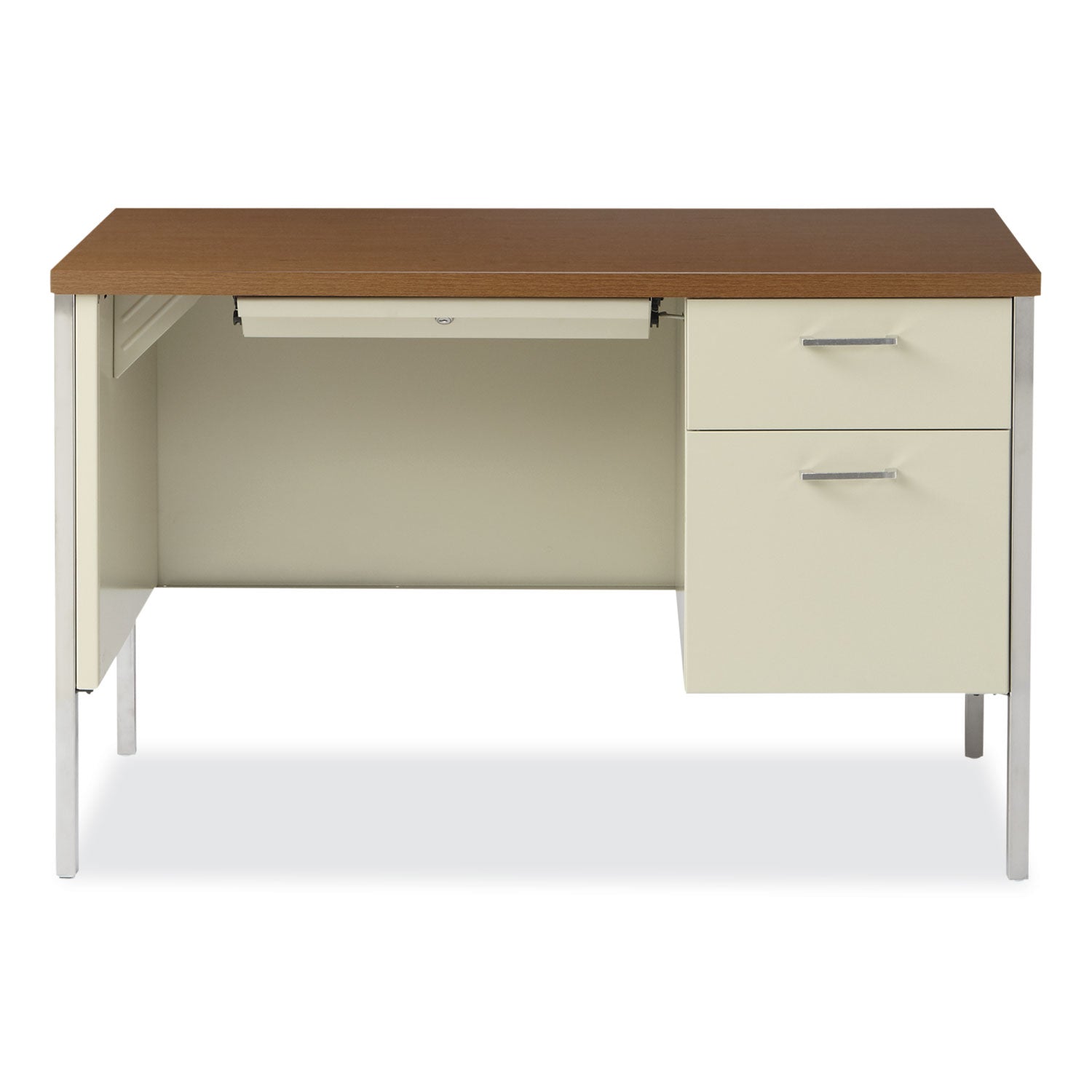 Alera® Single Pedestal Steel Desk, 45.25" x 24" x 29.5", Cherry/Putty, Chrome-Plated Legs