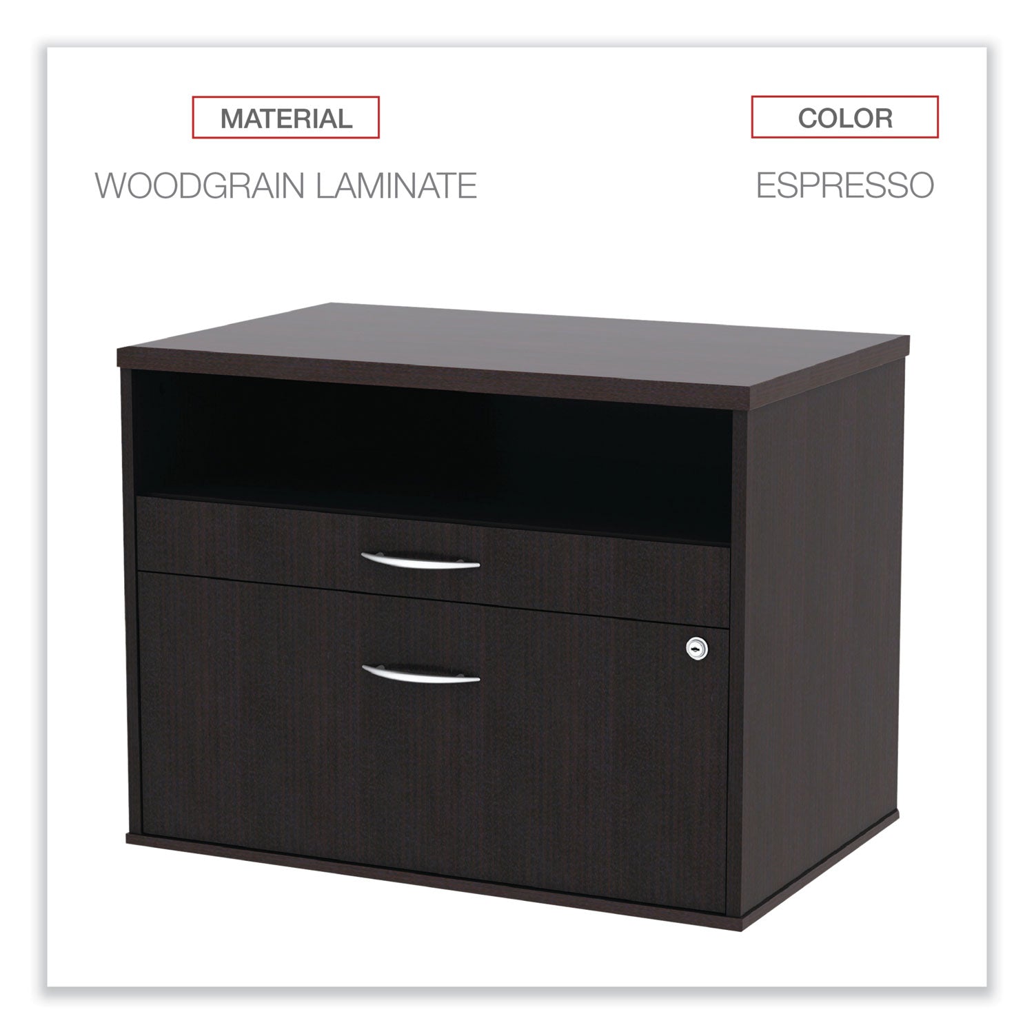 Alera® Alera Open Office Desk Series Low File Cabinet Credenza, 2-Drawer: Pencil/File,Legal/Letter,1 Shelf,Espresso,29.5x19.13x22.88