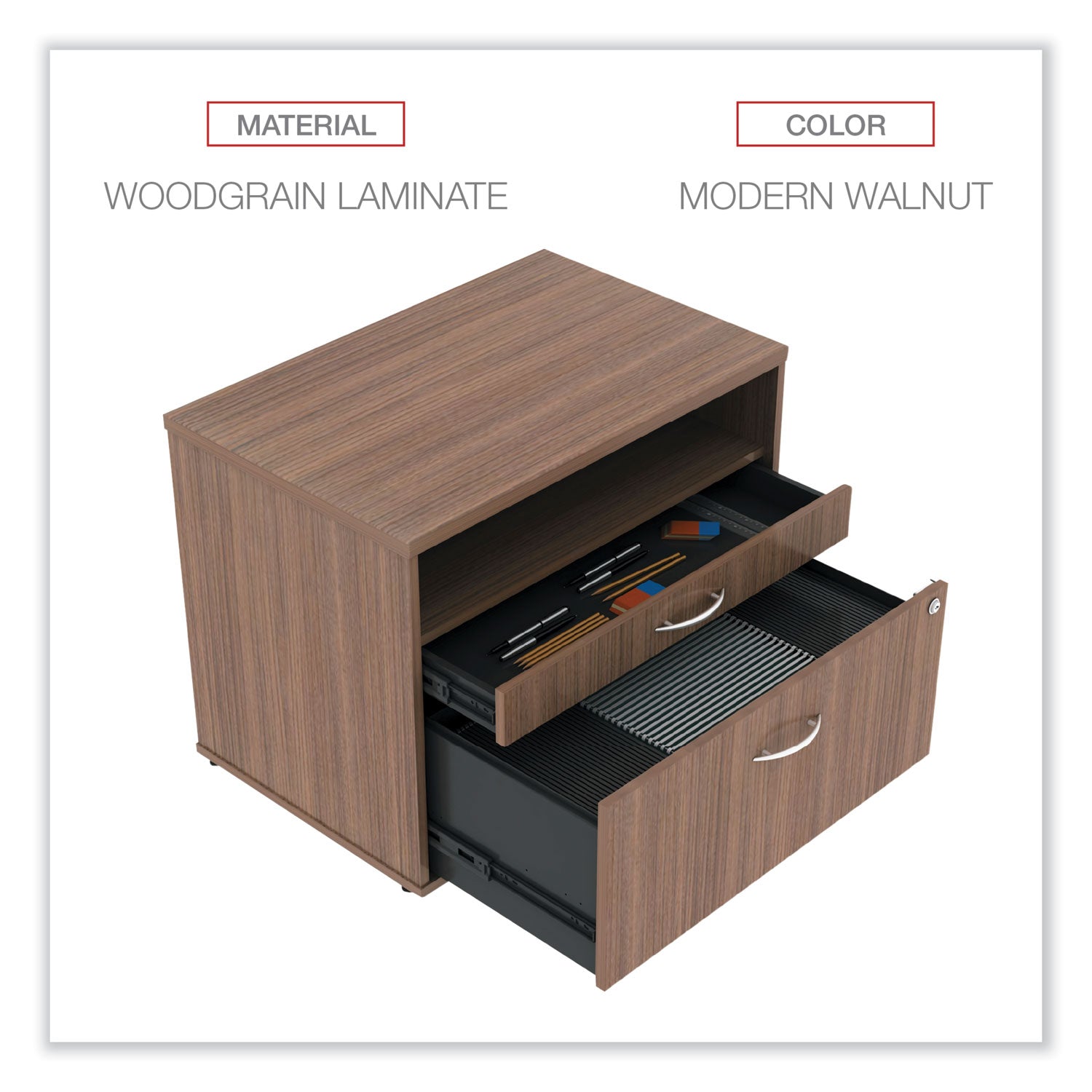 Alera® Alera Open Office Desk Series Low File Cabinet Credenza, 2-Drawer: Pencil/File, Legal/Letter, 1 Shelf,Walnut,29.5x19.13x22.88