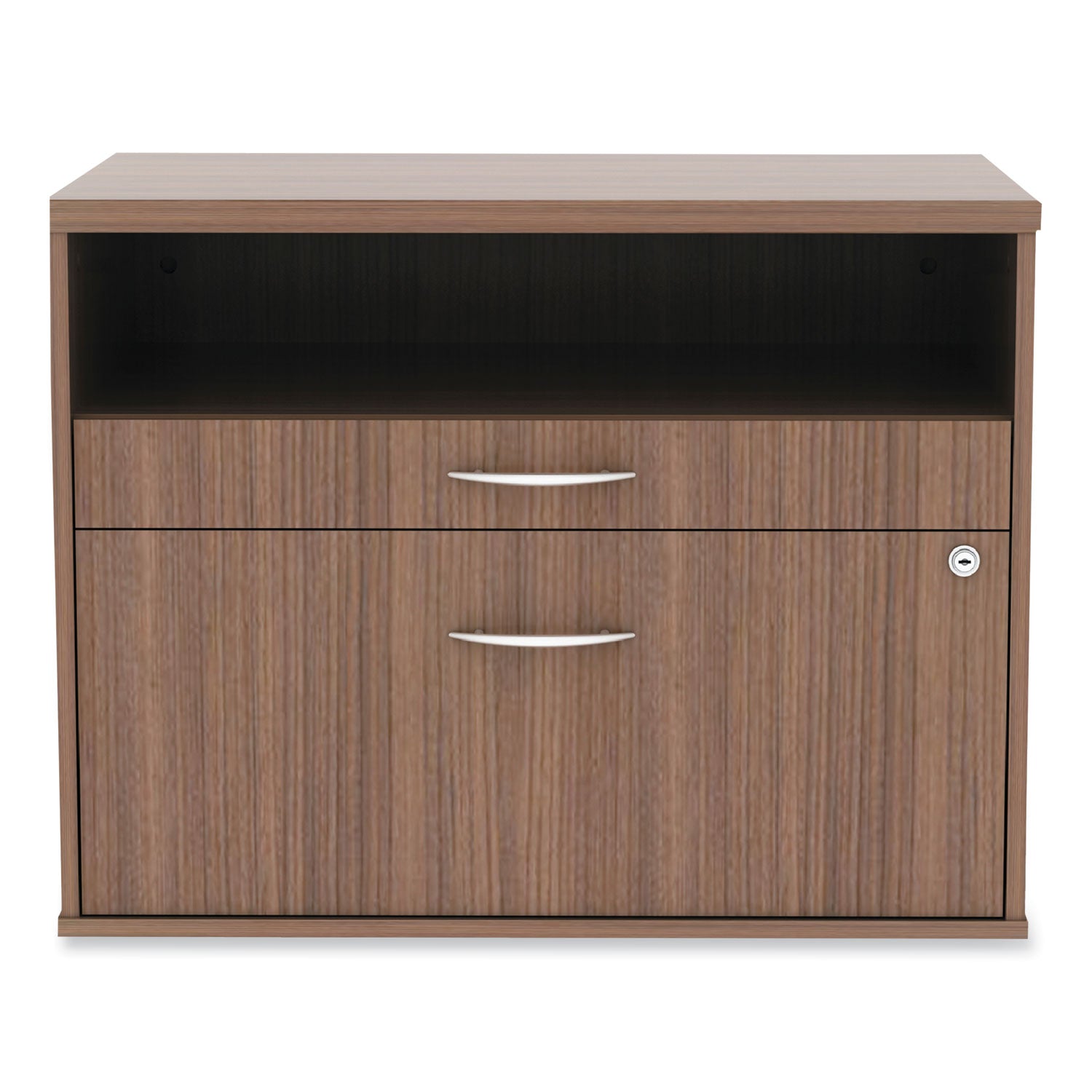 Alera® Alera Open Office Desk Series Low File Cabinet Credenza, 2-Drawer: Pencil/File, Legal/Letter, 1 Shelf,Walnut,29.5x19.13x22.88