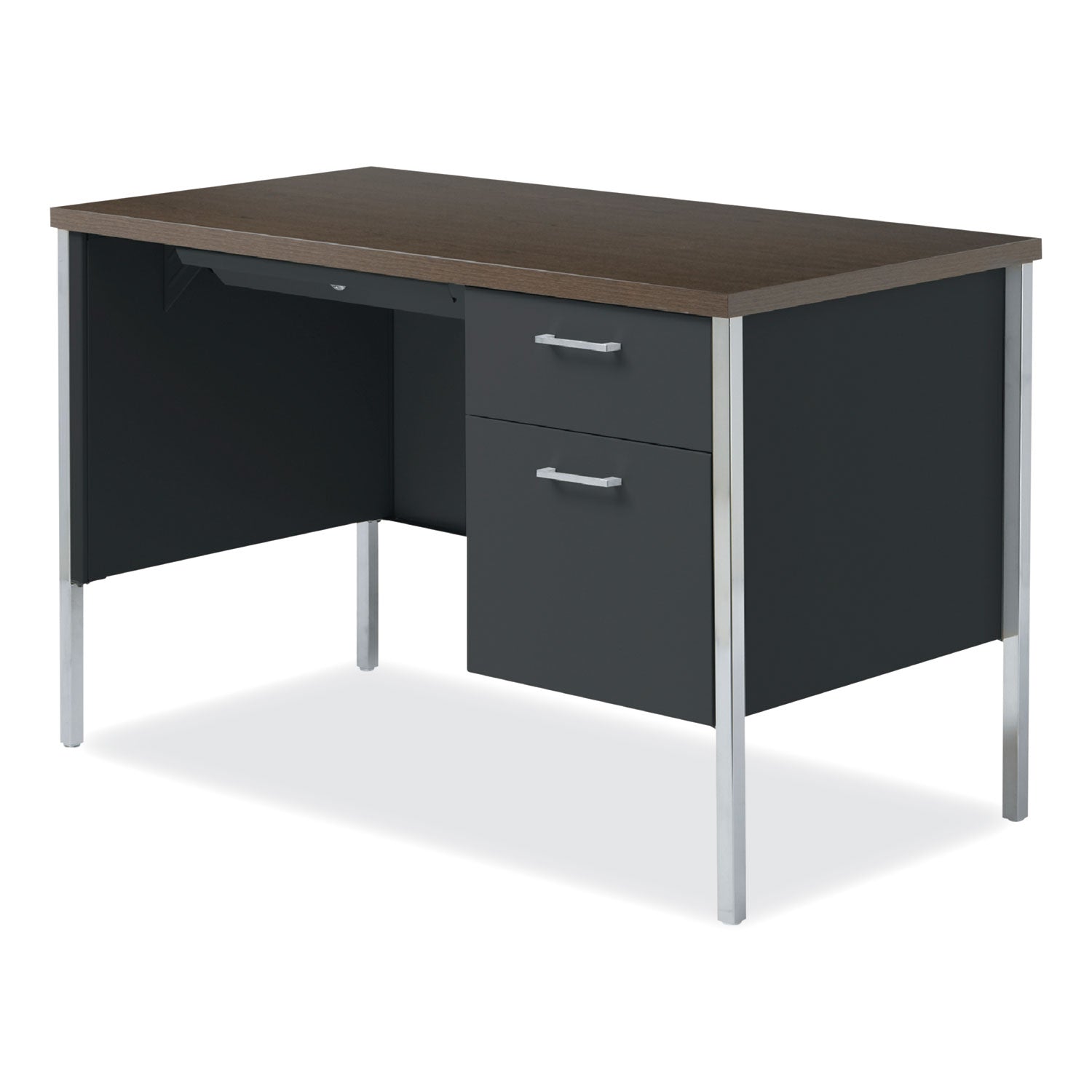 Alera® Single Pedestal Steel Desk, 45.25" x 24" x 29.5", Mocha/Black, Chrome Legs