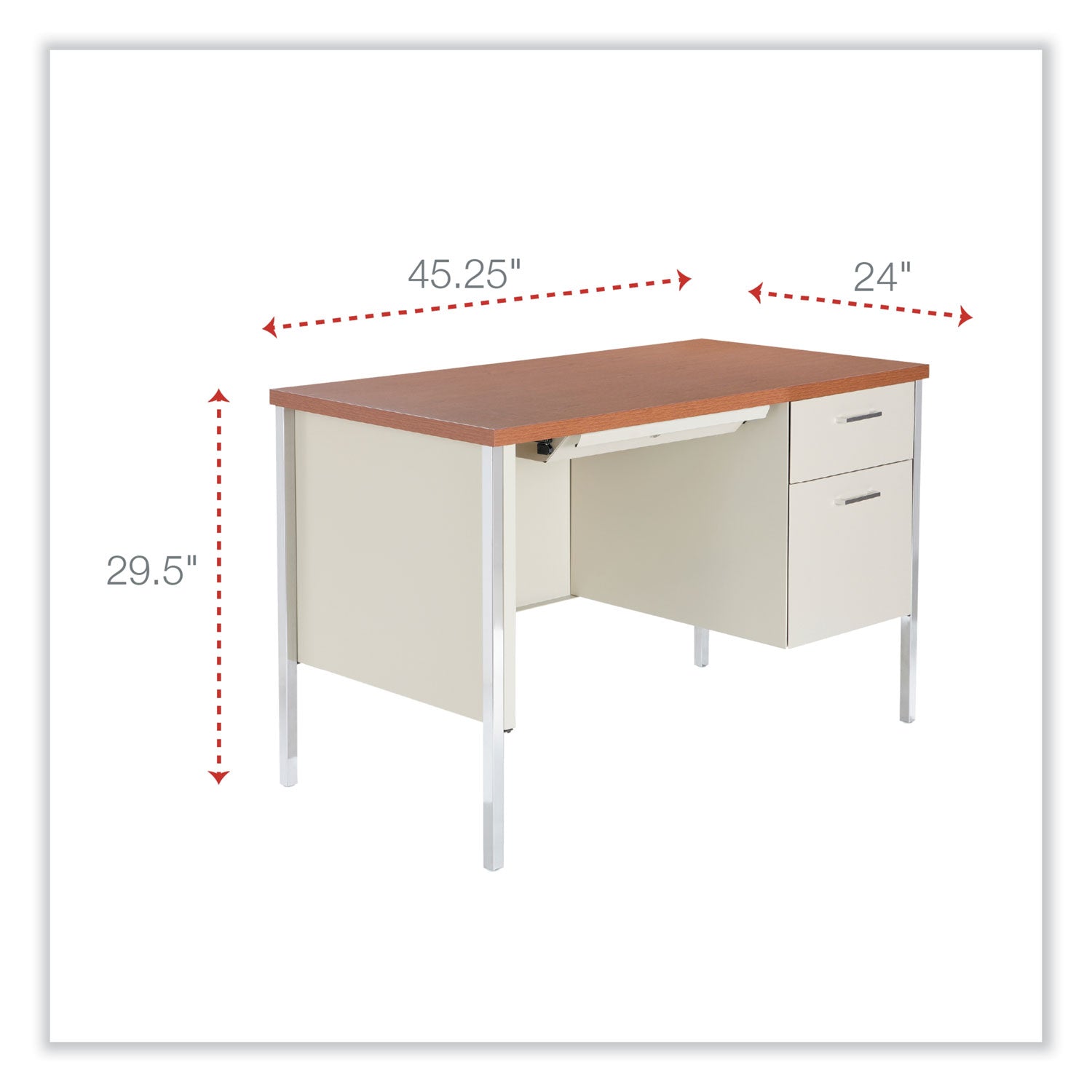 Alera® Single Pedestal Steel Desk, 45.25" x 24" x 29.5", Cherry/Putty, Chrome-Plated Legs