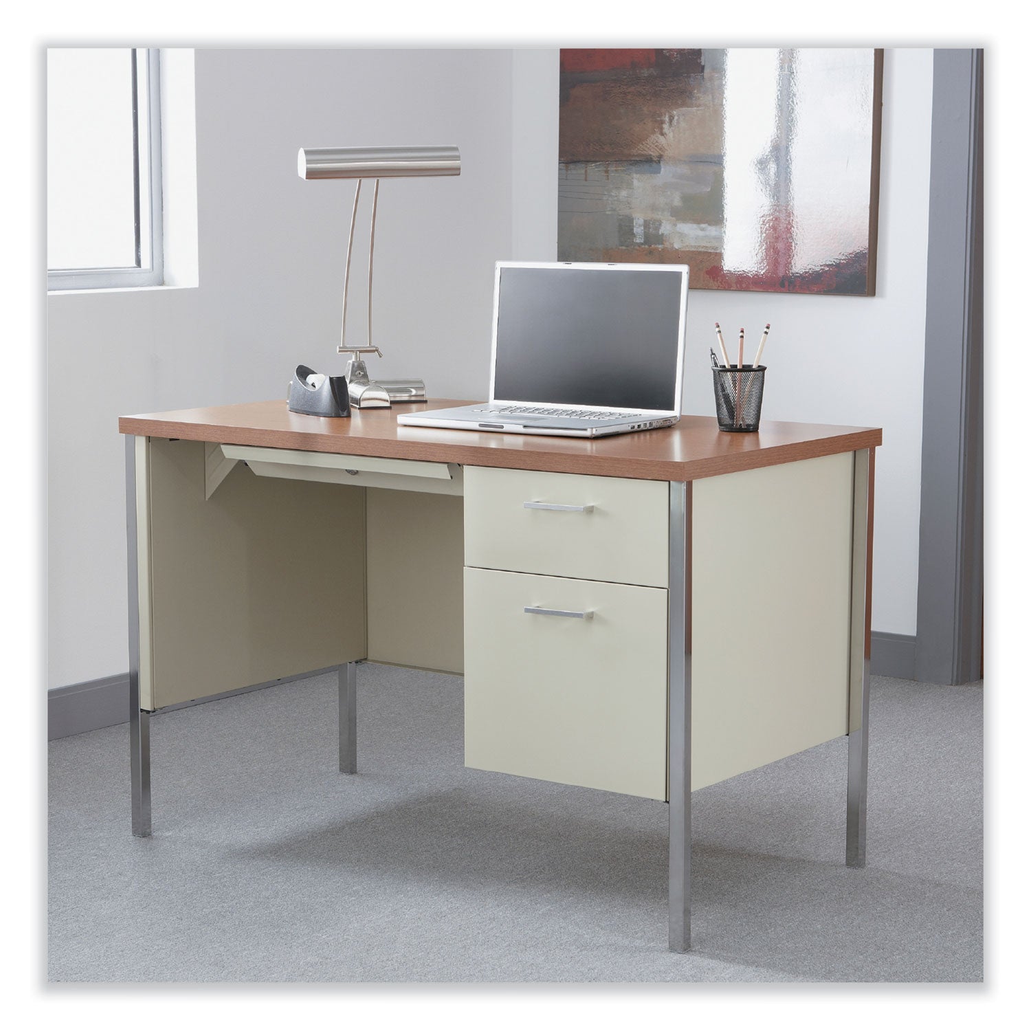 Alera® Single Pedestal Steel Desk, 45.25" x 24" x 29.5", Cherry/Putty, Chrome-Plated Legs