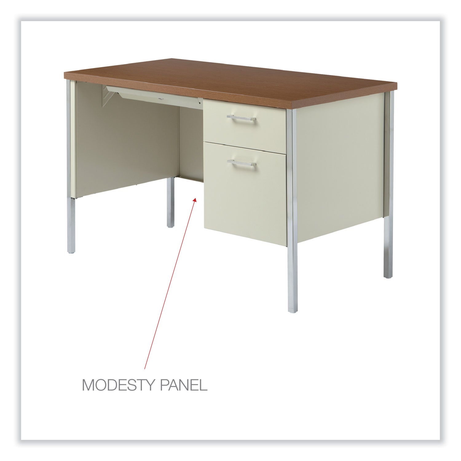 Alera® Single Pedestal Steel Desk, 45.25" x 24" x 29.5", Cherry/Putty, Chrome-Plated Legs