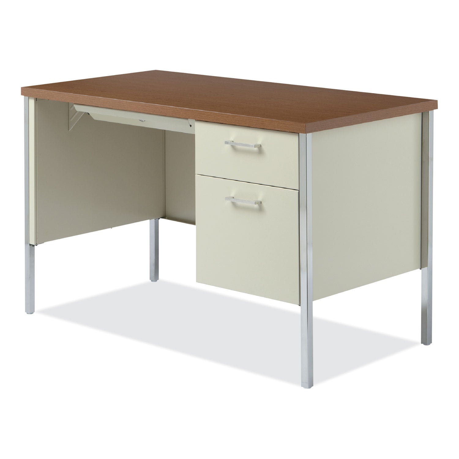 Alera® Single Pedestal Steel Desk, 45.25" x 24" x 29.5", Cherry/Putty, Chrome-Plated Legs