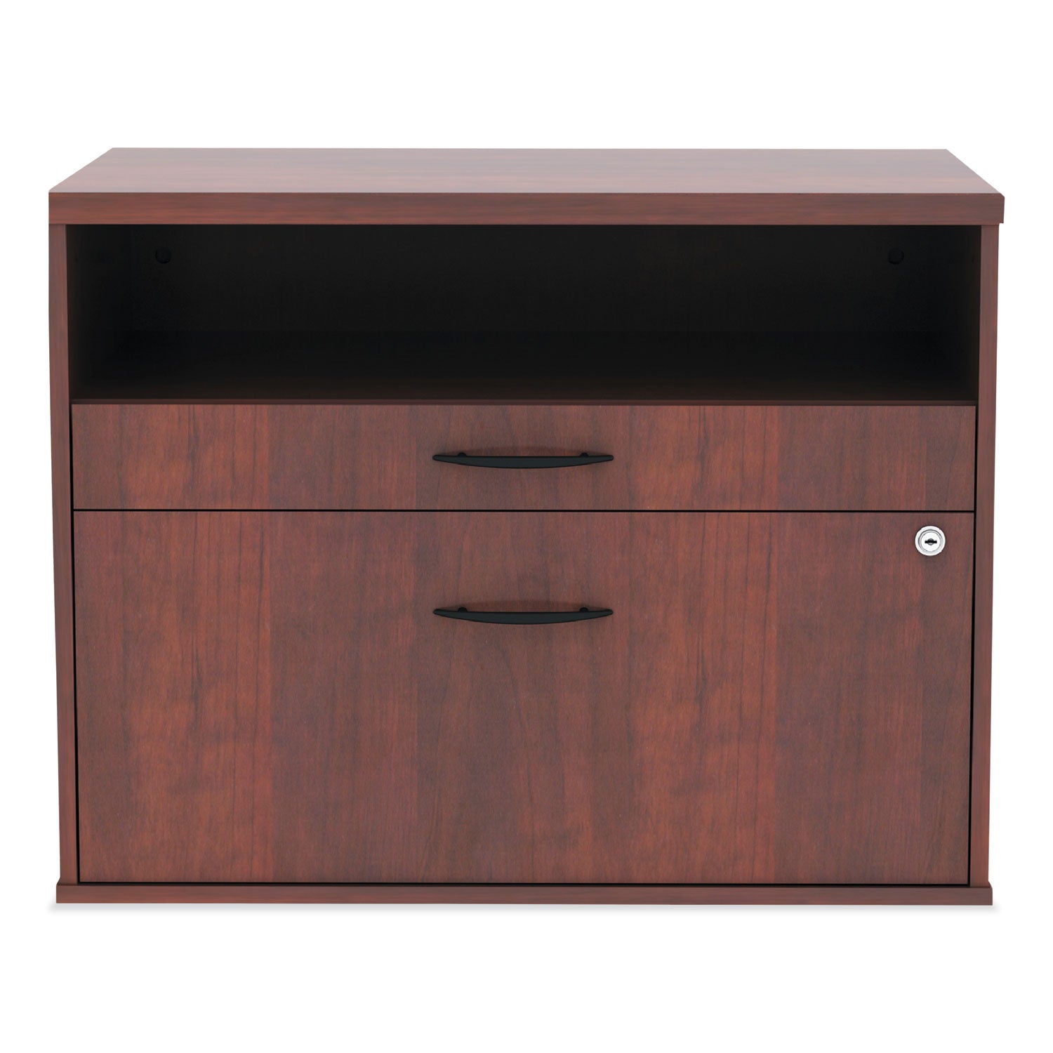 Alera® Alera Open Office Desk Series Low File Cabinet Credenza, 2-Drawer: Pencil/File, Legal/Letter, 1 Shelf,Cherry,29.5x19.13x22.88